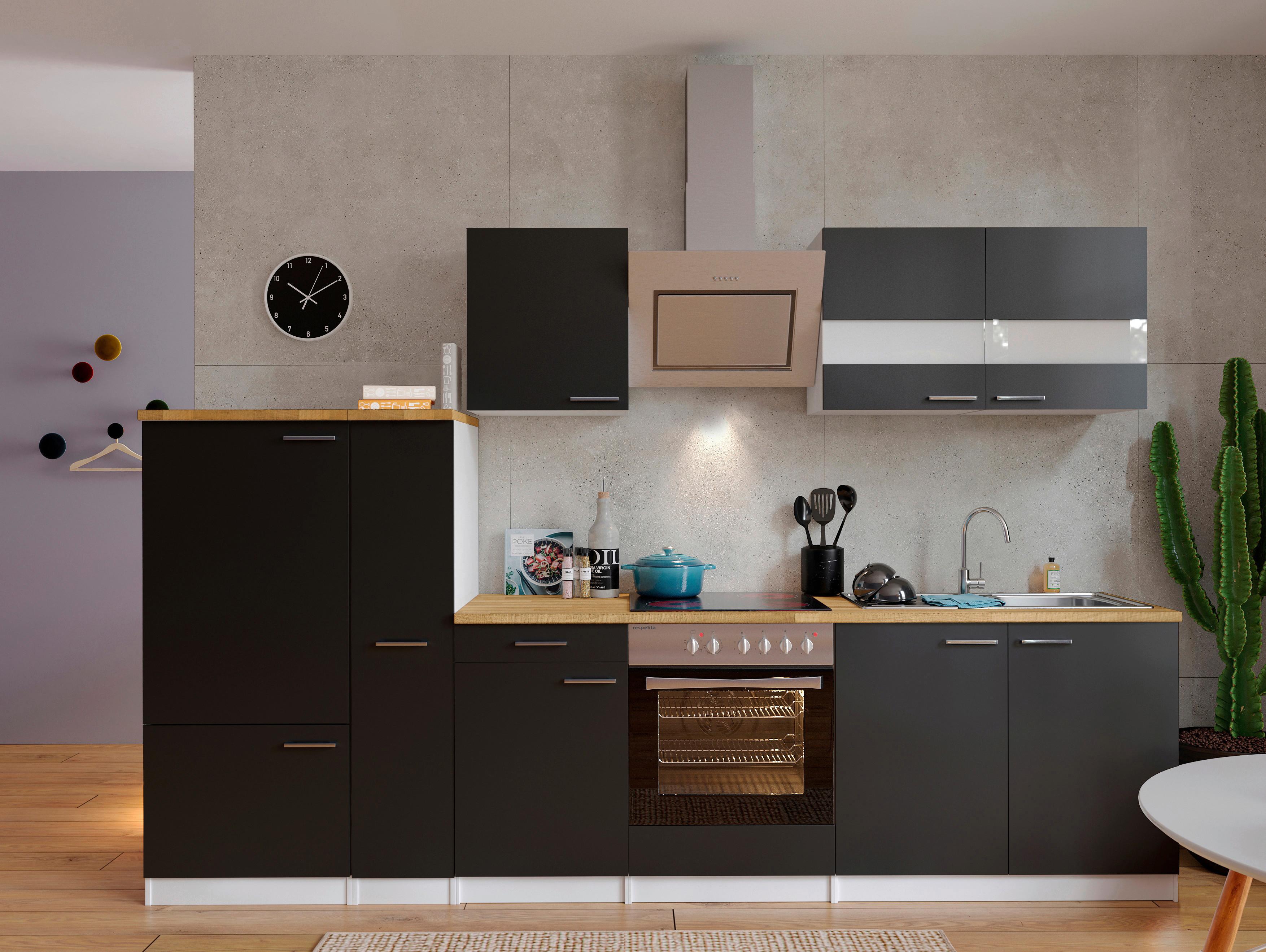 Küchenzeile Economy mit Geräten 300 cm Schwarz/Nussbaum Dekor - Nussbaumfarben/Schwarz, Basics, Holzwerkstoff (300cm) - Respekta