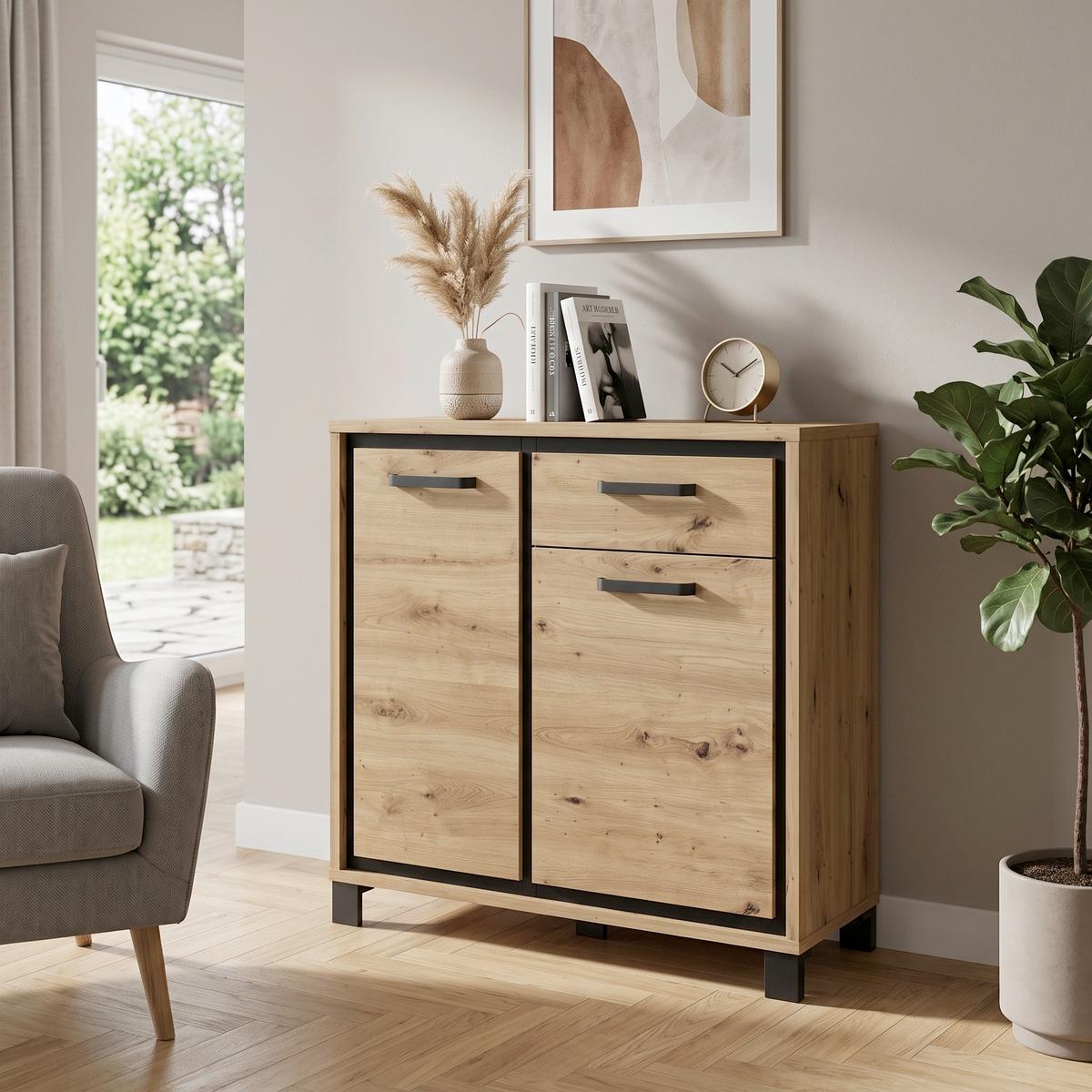 Kommode B 91,4 cm Trondheim, Eiche Dekor/Schwarz - Eichefarben/Schwarz, MODERN, Holzwerkstoff/Kunststoff (91,4/91,2/41,5cm) - MID.YOU