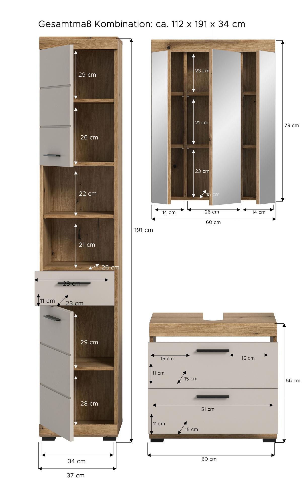 Badezimmer Scout Kaschmir/Naturfarben B: 134 cm - Kaschmir/Schwarz, MODERN, Glas/Holzwerkstoff (134cm) - MID.YOU
