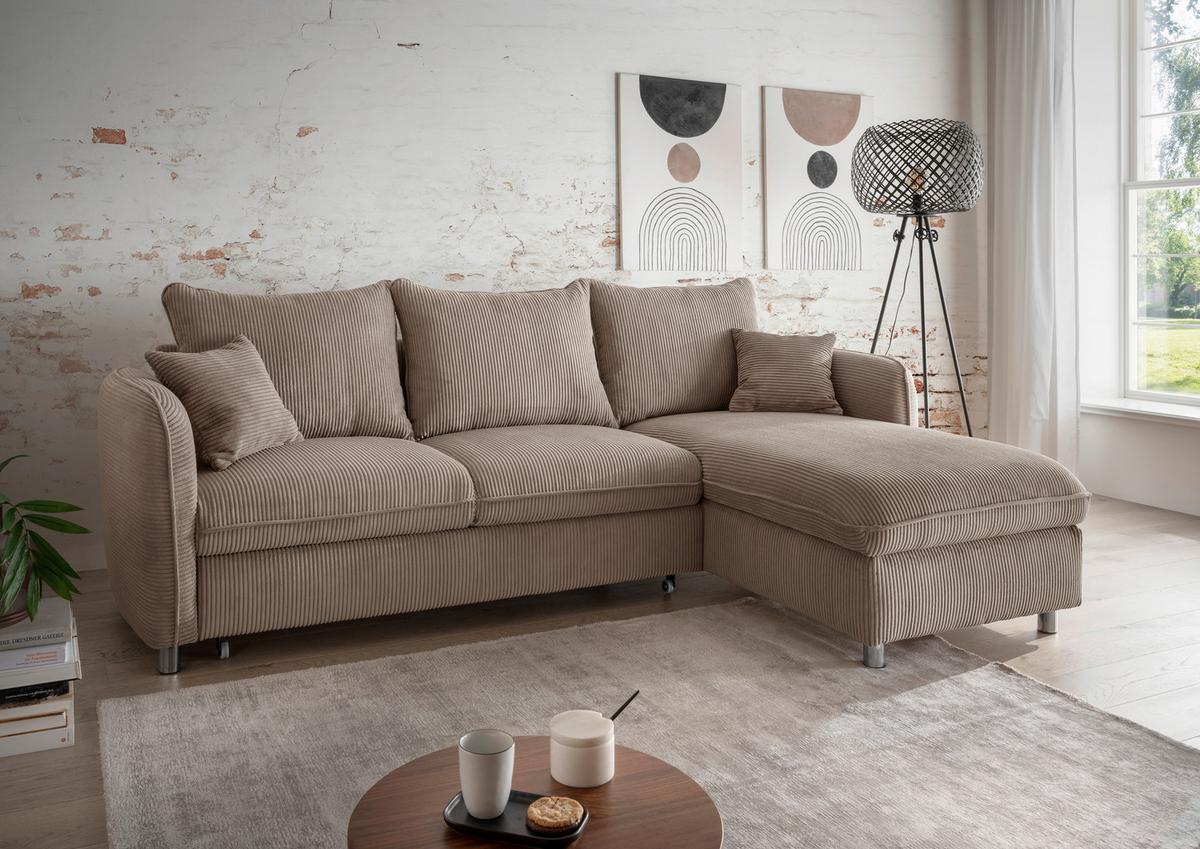 Eckschlafsofa Lauritio Graubraun S: 254x160 cm - Chromfarben/Graubraun, MODERN, Textil (254/160cm) - Livetastic