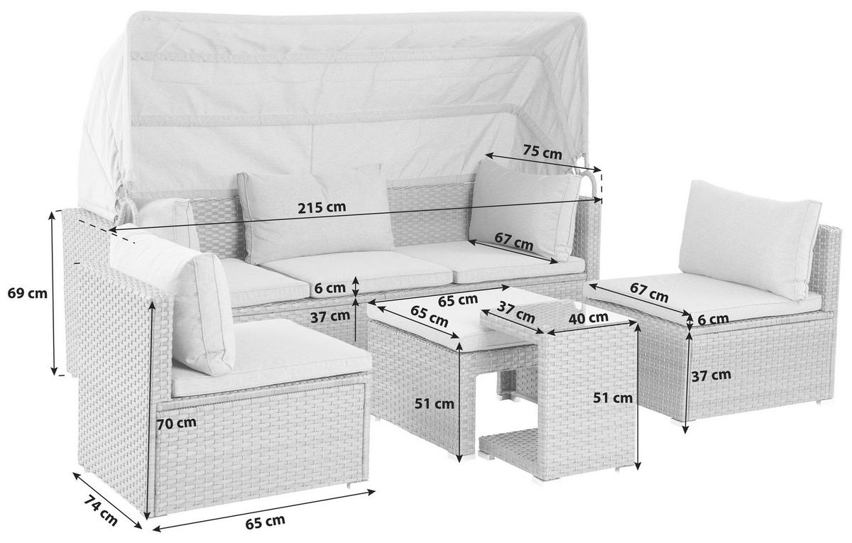 Loungegarnitur 5-Tlg. Almeria, Polyrattan/Textil mit Kissen - Grau, MODERN, Glas/Kunststoff