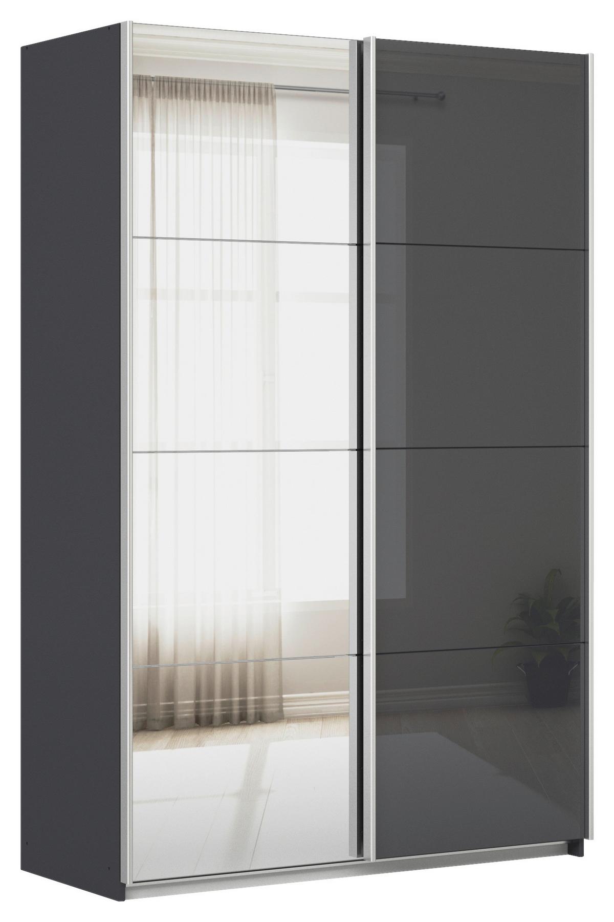 Tolóajtós Szekrény Feldkirch 136/210 Cm - magasfényű antracit/ezüstszínű, Modern, faalapú anyag/Üveg (136/210/62cm)