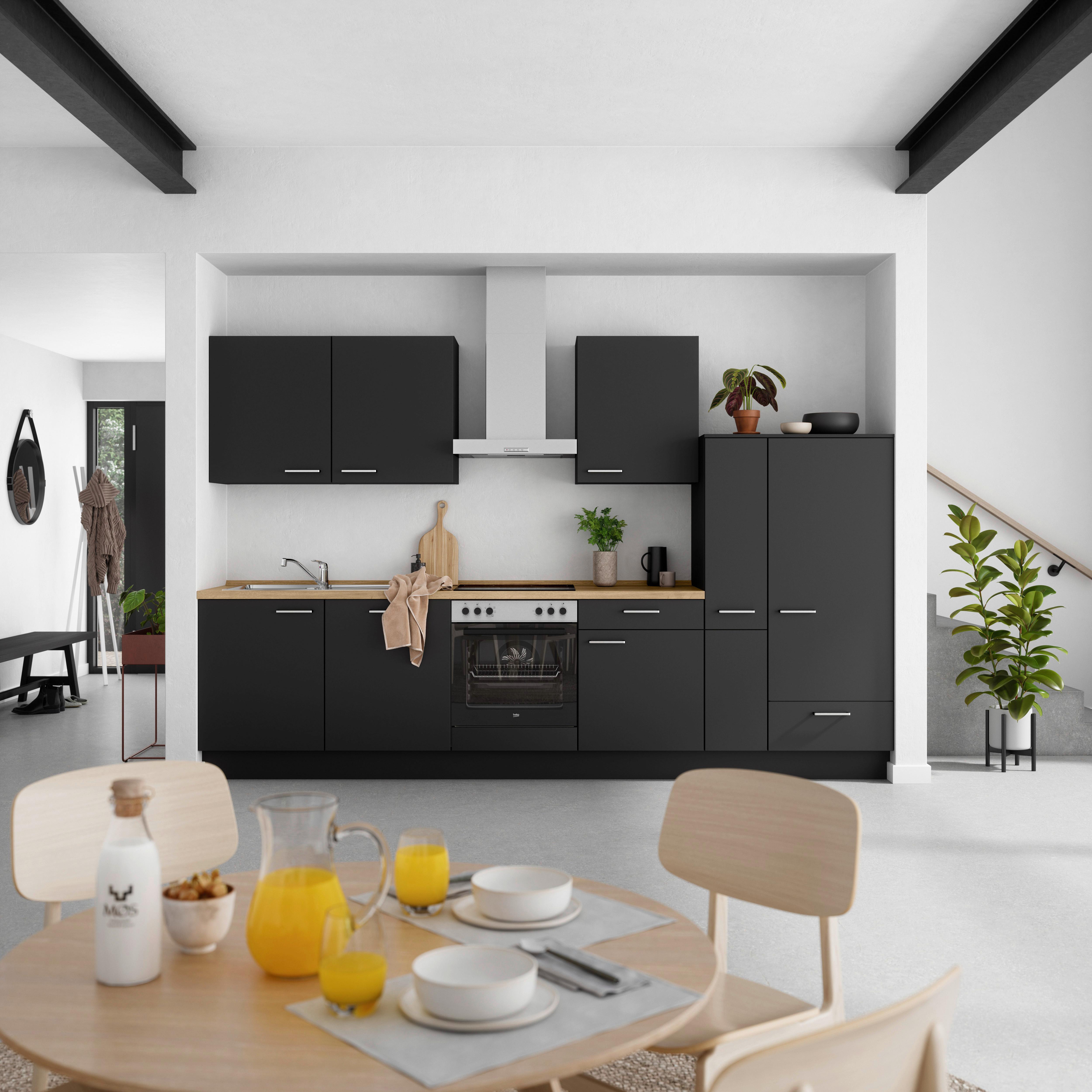 Kuchyňská linka 330 cm, černá matná - černá/barvy dubu, Moderní, kov/kompozitní dřevo (330cm) - Nobilia