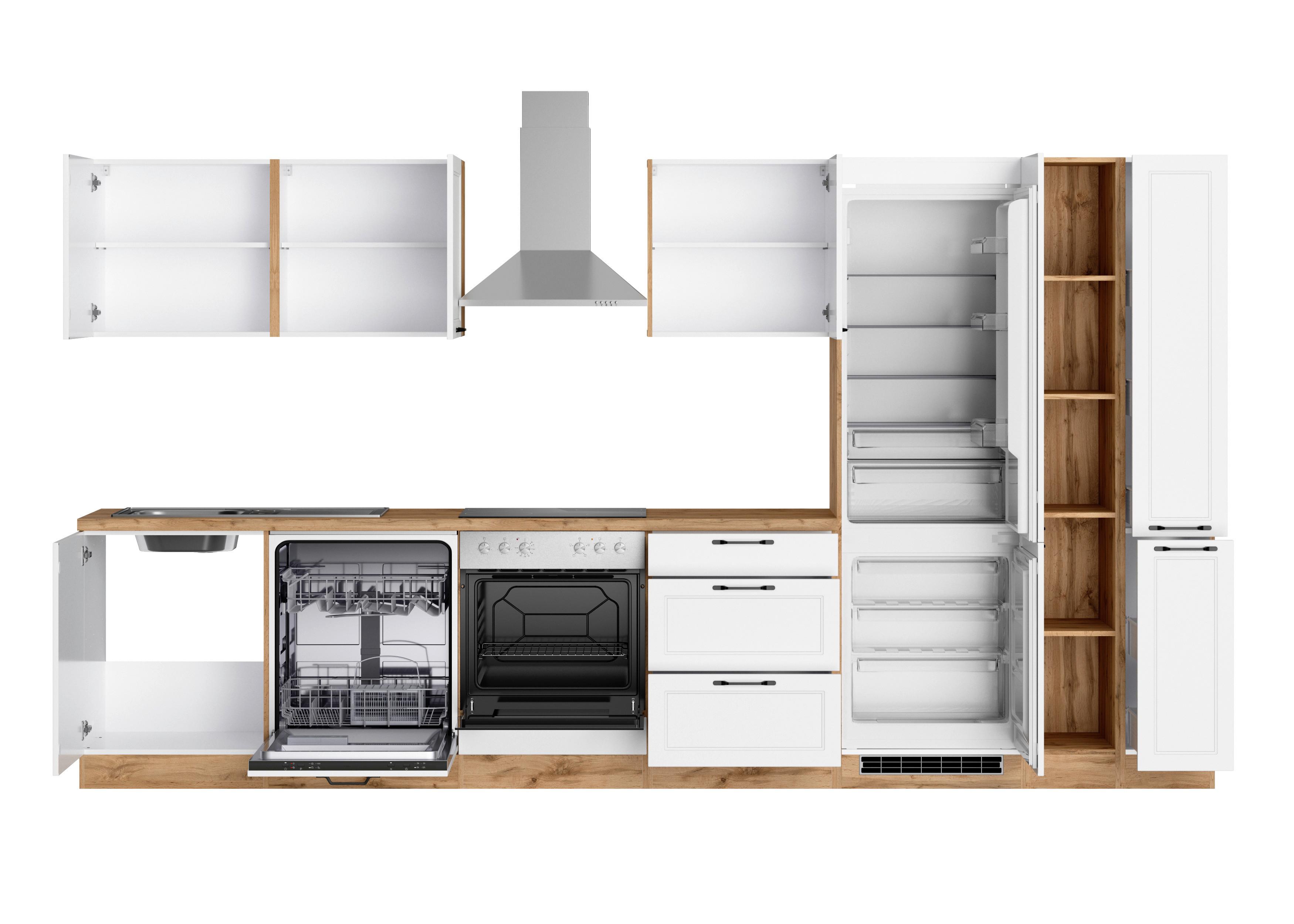 Küchenzeile Meran mit Geräten B: 360cm Weiß/Eiche Dekor - Eiche Wotan/Weiß, LIFESTYLE, Holzwerkstoff (360cm) - Held