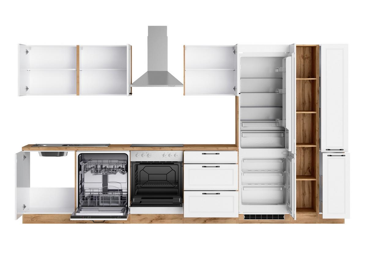 Küchenzeile Meran mit Geräten B: 360cm Weiß/Eiche Dekor - Eiche Wotan/Weiß, LIFESTYLE, Holzwerkstoff (360cm) - Held