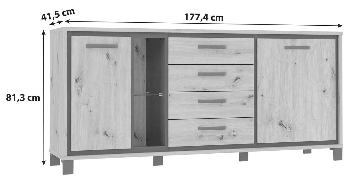 Sideboard mit Glaselement B: 177,4cm Trondheim, Eiche Dekor - Eichefarben/Schwarz, Basics, Glas/Holzwerkstoff (177,4/81,3/41,5cm) - Livetastic