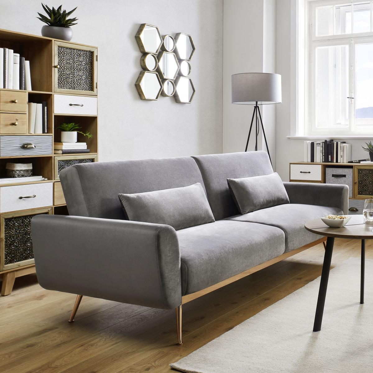 Rozkládací pohovka s polštáři GUILIA, šedá - šedá/měděné barvy, Moderní, kov/dřevo (211/85/83cm) - Modern Living