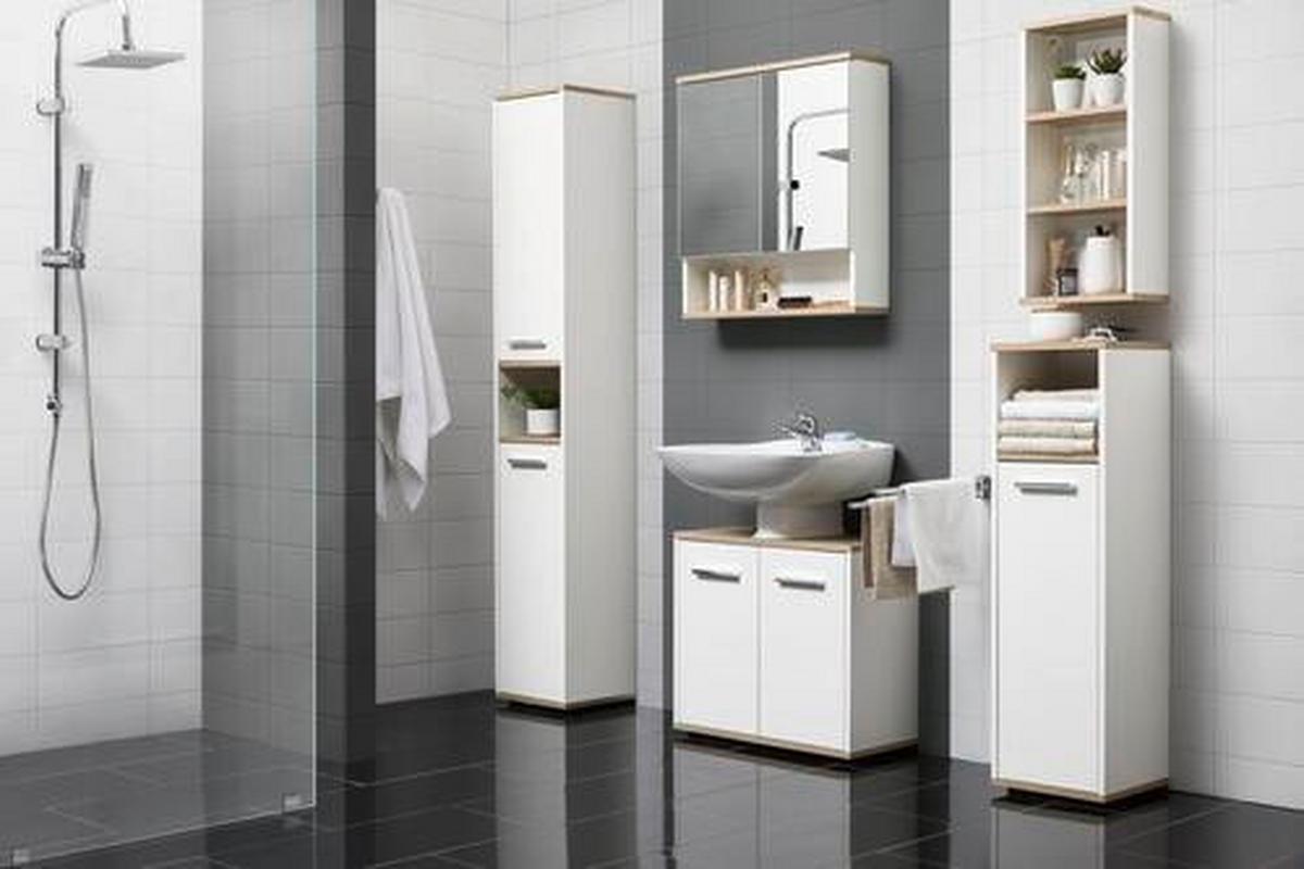 Spiegelschrank Yasmin 2-Türig BxHxT: 60x65x13,9cm Offenes Fach - Eichefarben/Weiß, Basics, Glas/Holzwerkstoff (60/65/13,9cm) - MID.YOU