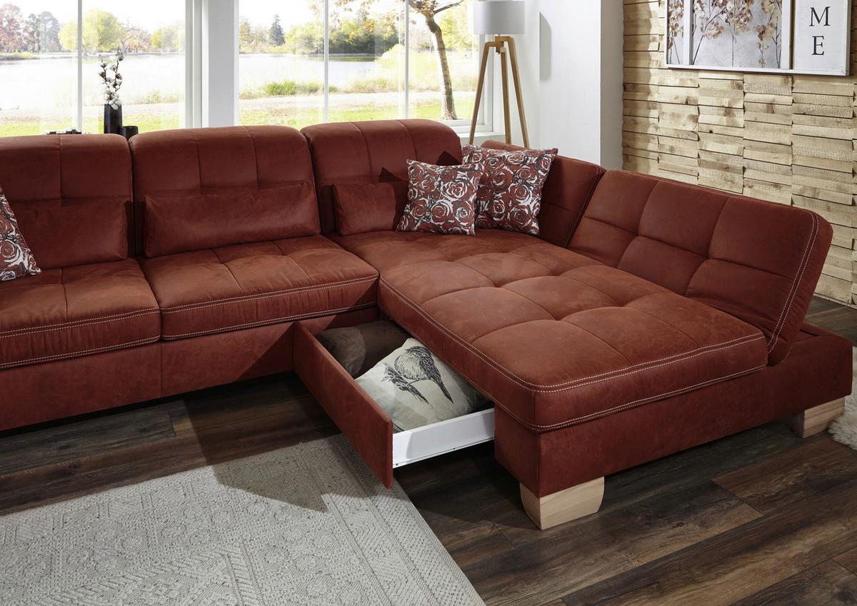 Sedací souprava ELLA, pravá, cihlová, s funkcemi - divoký dub/terracotta, Moderní, dřevo/textil (273/243cm)