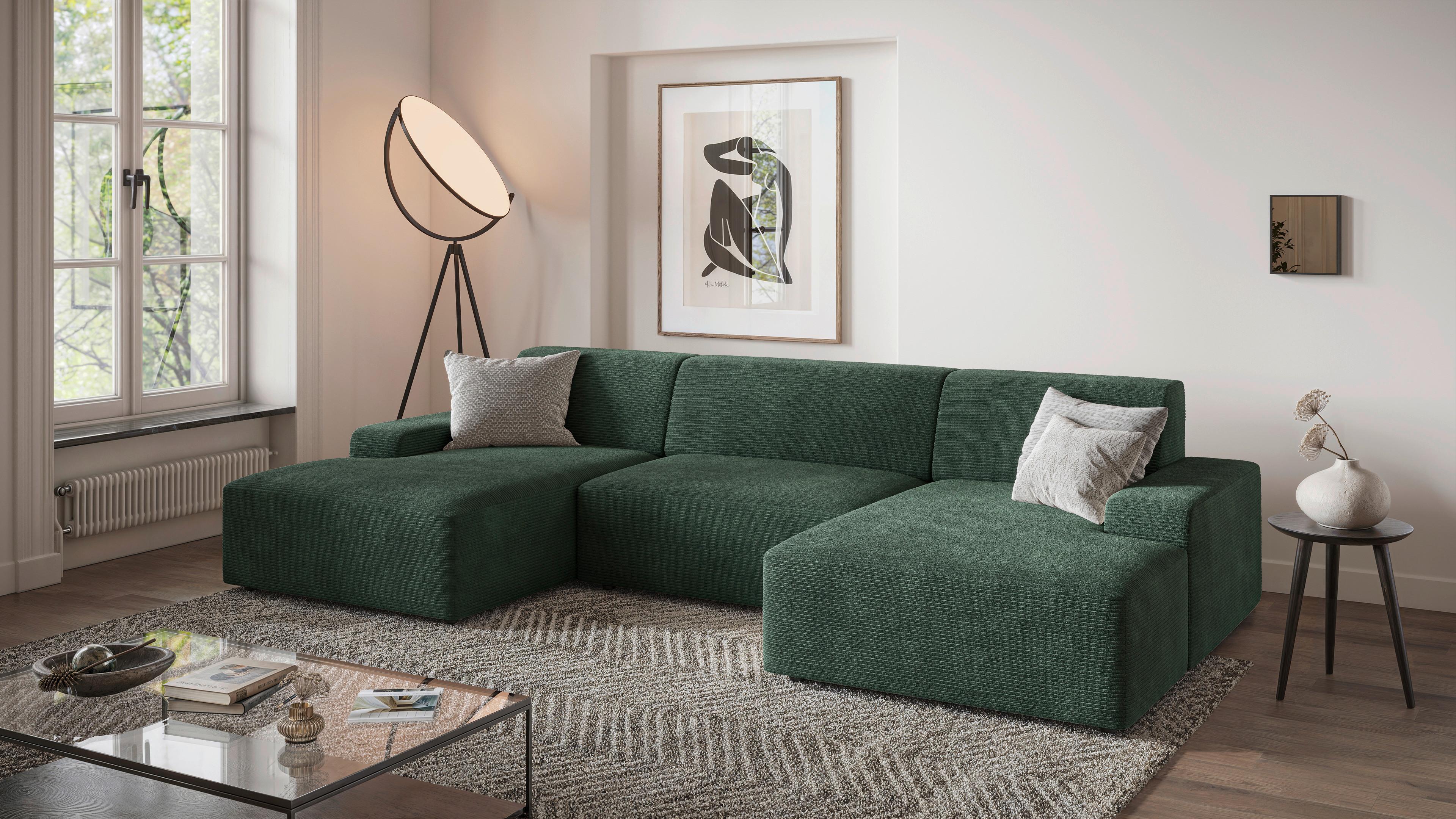 Wohnlandschaft Wien D. Grün U: 162x329x162 cm - Dunkelgrün/Schwarz, MODERN, Textil (162/329/162cm) - Trendmanufaktur