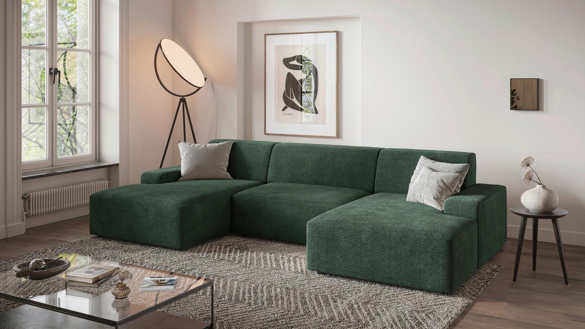 Wohnlandschaft Wien D. Grün U: 162x329x162 cm - Dunkelgrün/Schwarz, MODERN, Textil (162/329/162cm) - Trendmanufaktur