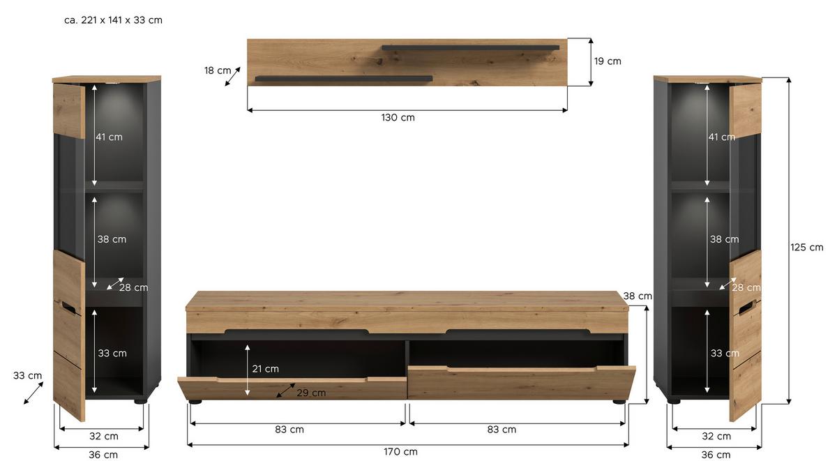 Wohnwand Canu Eiche Artisan Dekor B: 272cm - Schwarz/Eiche Artisan, Design, Holzwerkstoff (272/141/33cm) - Livetastic