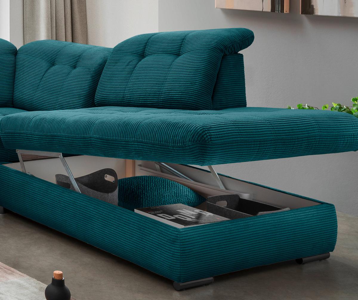 Wohnlandschaft mit Bettkasten Rigatti Petrol B: 387 cm - Petrol/Schwarz, MODERN, Textil (184/387/252cm) - Livetastic