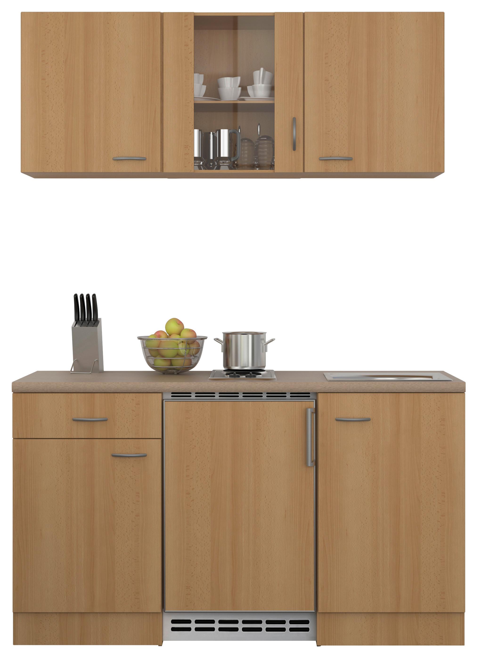 Minikuchyňa NANO vrátane spotrebičov a drezu - farba buka/farba ušľachtilej ocele, Modern, kompozitné drevo/plast (150cm)