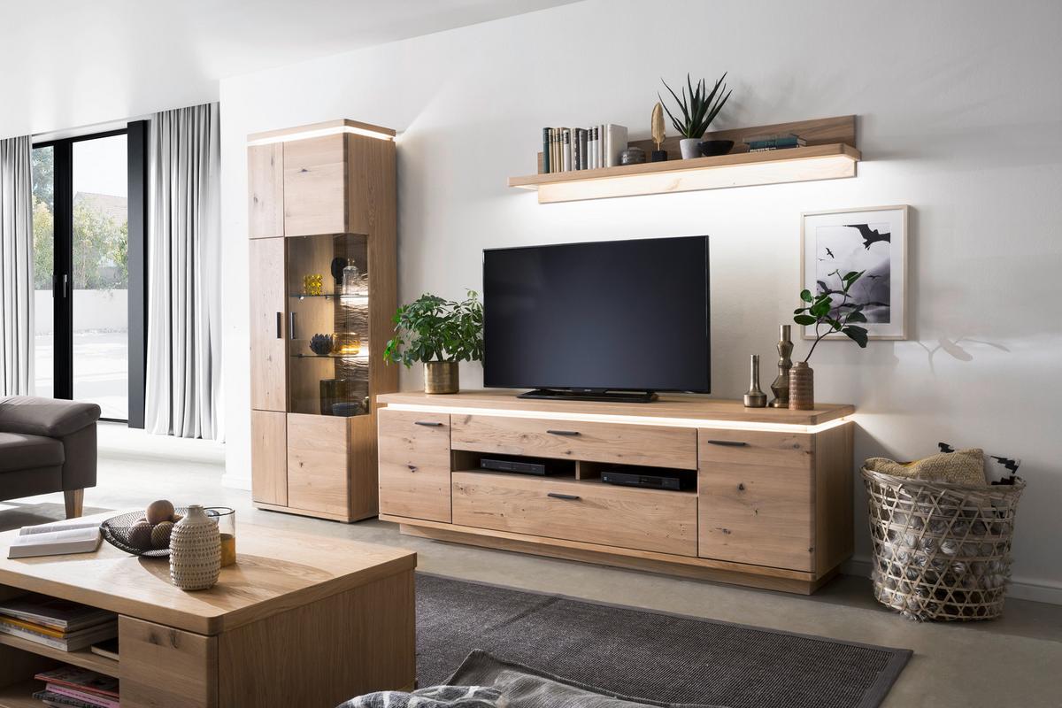 Wohnkombination teilmassiv 3--teilig. Barcelona Eichefarben - Eichefarben, Design, Glas/Holz (300/204/50cm) - Livetastic