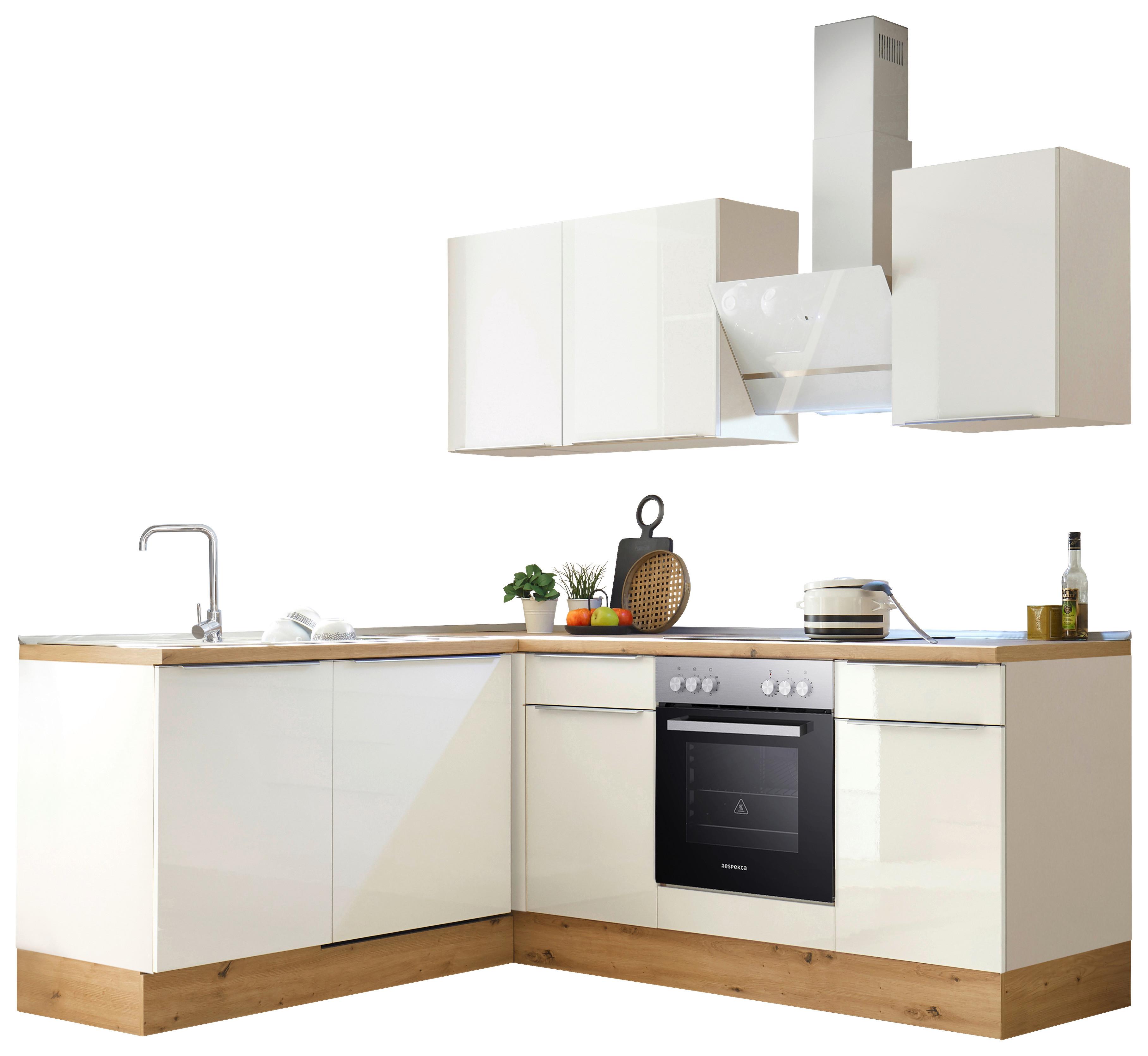 Eckküche mit Geräten 220x170 cm Weiß/Eiche Dekor, Modern - Weiß Hochglanz/Weiß, LIFESTYLE, Holzwerkstoff (220/170cm) - Respekta