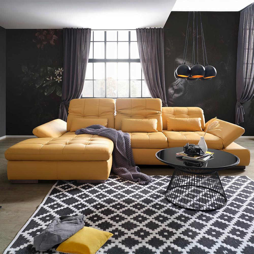 Rohová sedačka SANFINO, levá, kari žlutá pravá kůže - curry žlutá/barvy chromu, Konvenční, kov/kůže (199/79-96/305cm) - Premium Living
