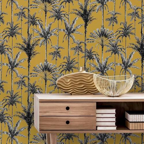 Vliestapete Vintage Palme - Gelb, Basics, Papier/Kunststoff (52/1005cm)