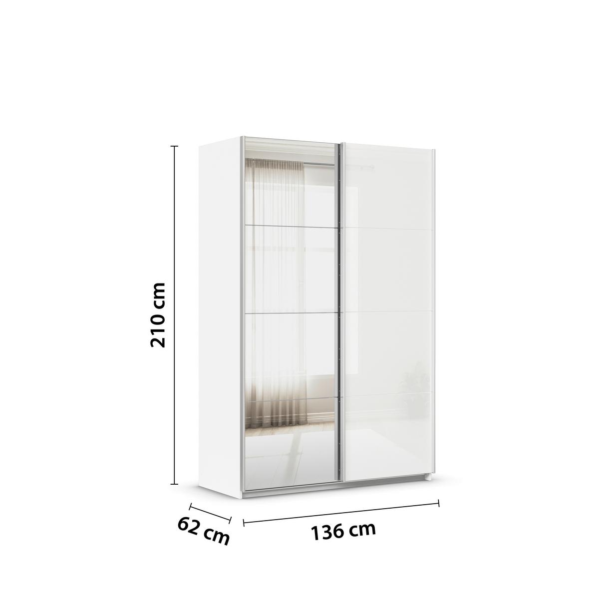 Tolóajtós Szekrény Feldkirch 136/210 Cm - ezüst/magasfényű fehér, Modern, faalapú anyag/Üveg (136/210/62cm)