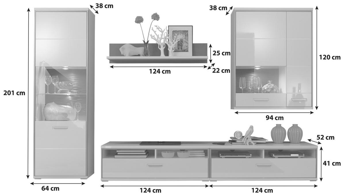 Wohnkombination 5-Tlg. Trento Grau/Silbern/Weiß - Weiß Hochglanz/Silberfarben, Design, Glas/Holzwerkstoff (321/201/52cm) - Livetastic