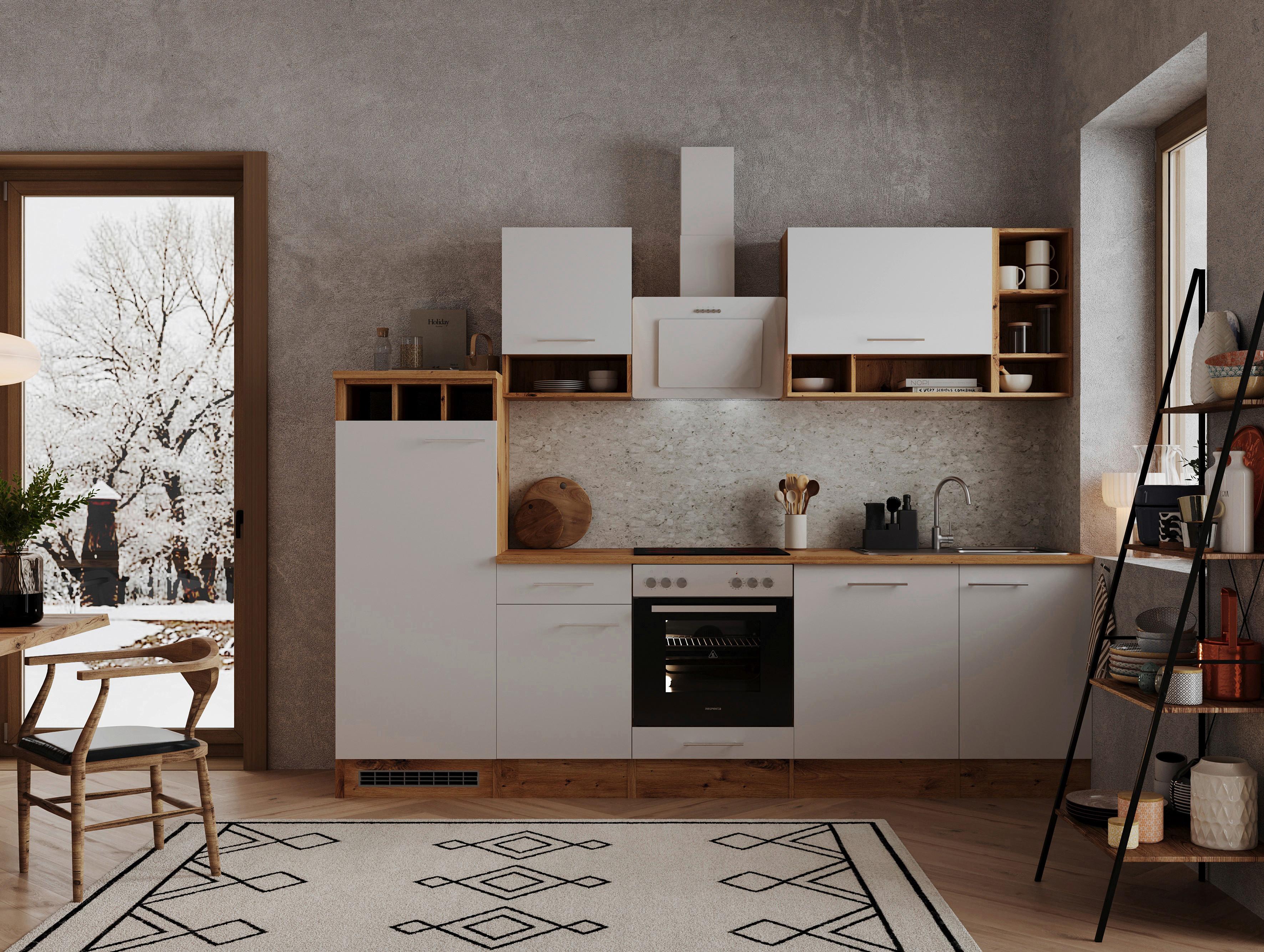 Küchenzeile Economy Mit Geräte B: 280 Cm Weiß/eiche Dekor - Wildeiche/Weiß, Basics, Holzwerkstoff (280cm) - Respekta