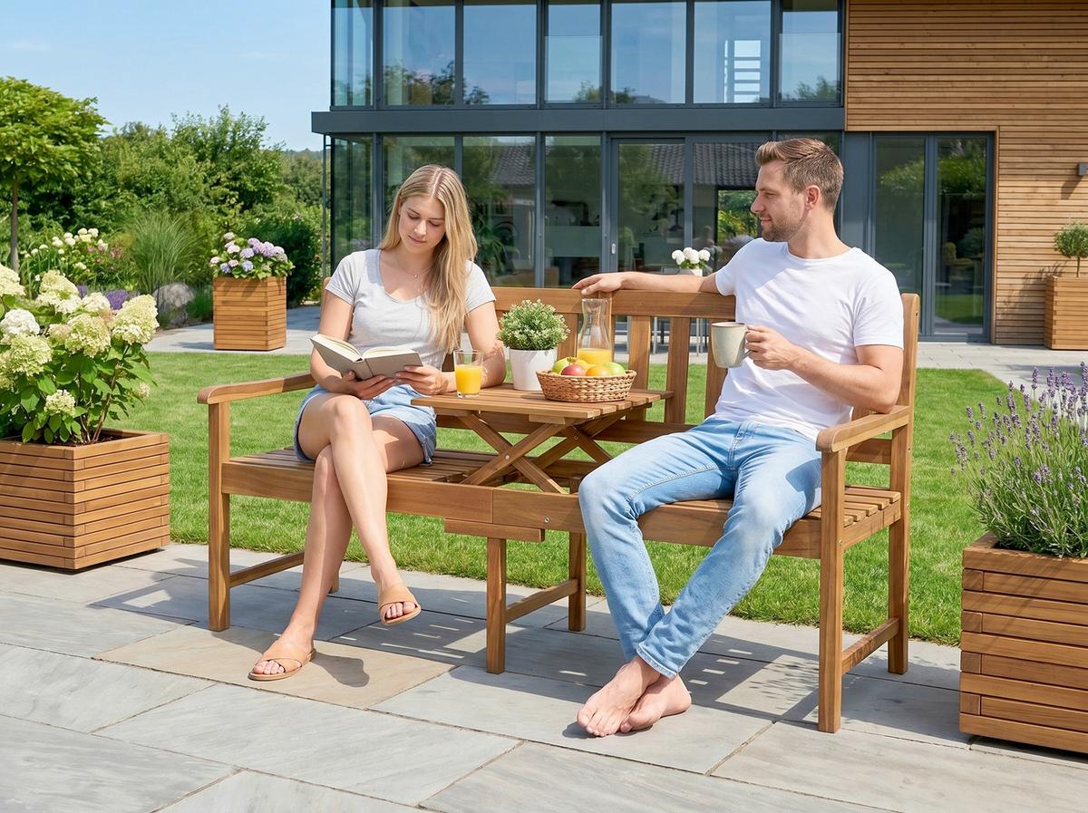 Holzbank mit Tisch LxBxH: ca. 153x57x88 cm - Akaziefarben, Basics, Holz (153/57/88cm) - Prestige Home