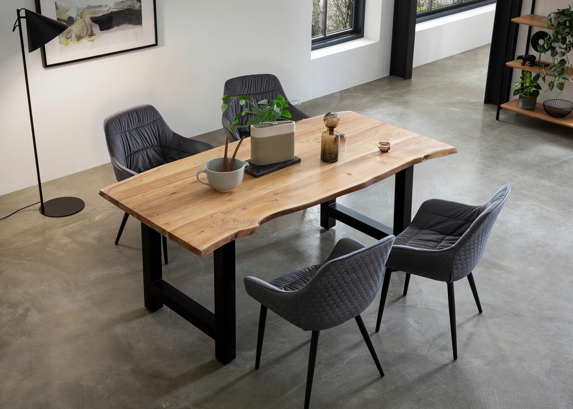 Tischgruppe Akazie Massiv/grau 5--Teilig. - Naturfarben/Grau, MODERN, Holz/Textil (160/85/76,5cm) - Livetastic