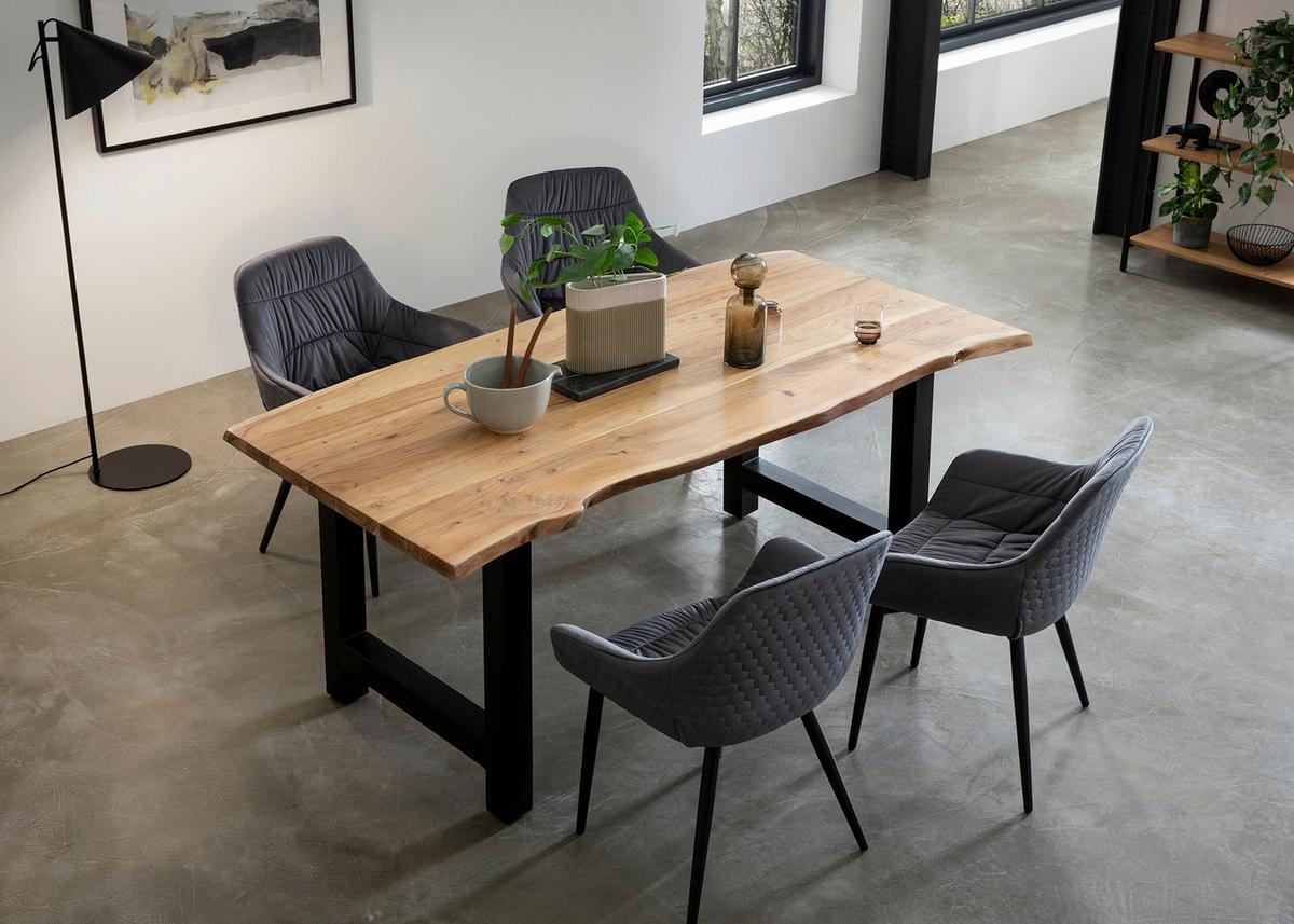 Tischgruppe Akazie Massiv/grau 5--Teilig. - Naturfarben/Grau, MODERN, Holz/Textil (160/85/76,5cm) - Livetastic