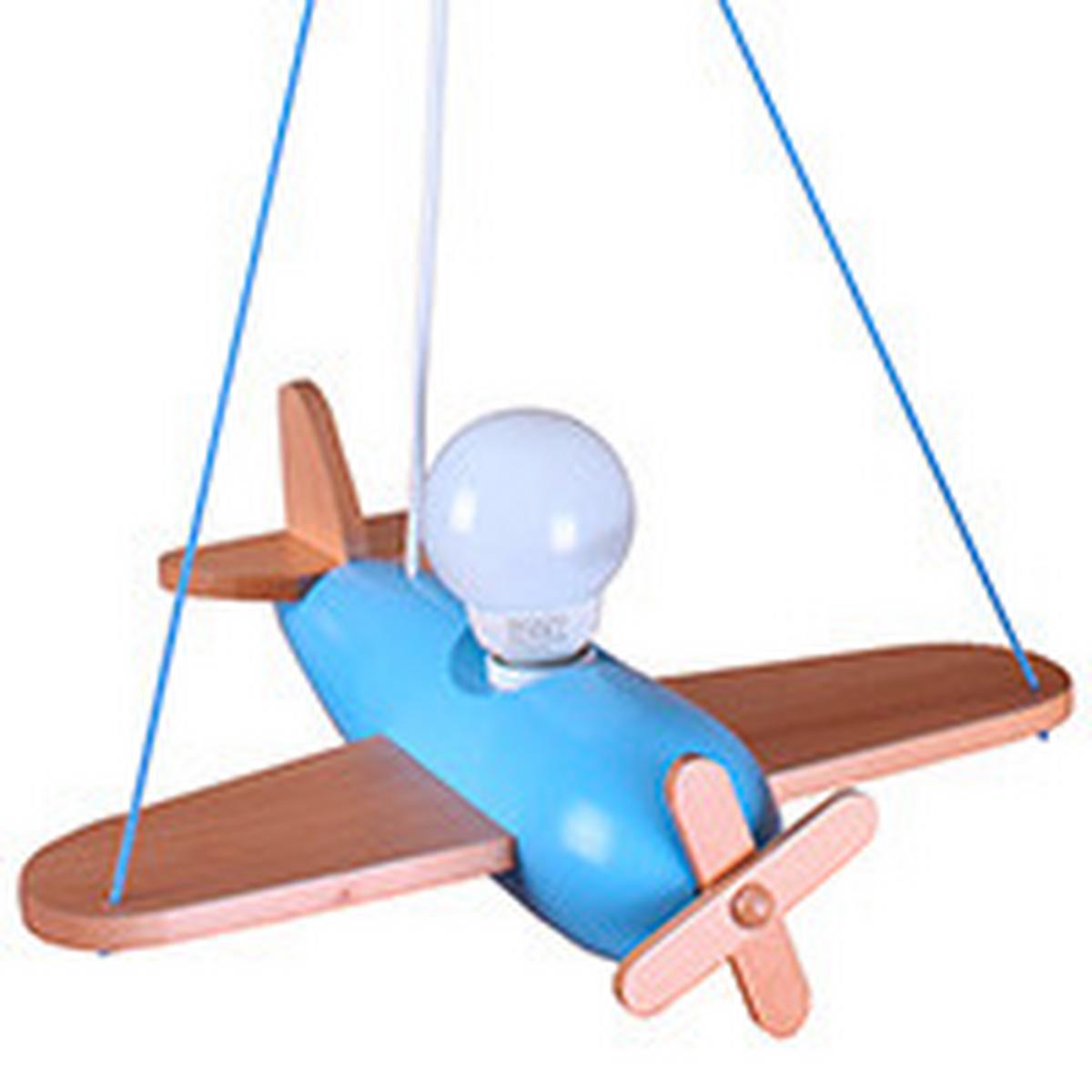 Kinderhängeleuchte Flugzeug H: 75 cm 1-Flammig - Blau/Naturfarben, Basics, Holz (42/41/75cm)
