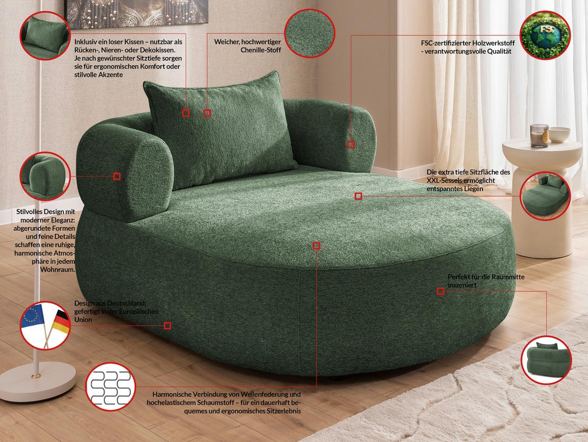 XXL-Sessel Ferro Grün B: 122 cm - Schwarz/Grün, Design, Textil (122/76/156cm) - Livetastic