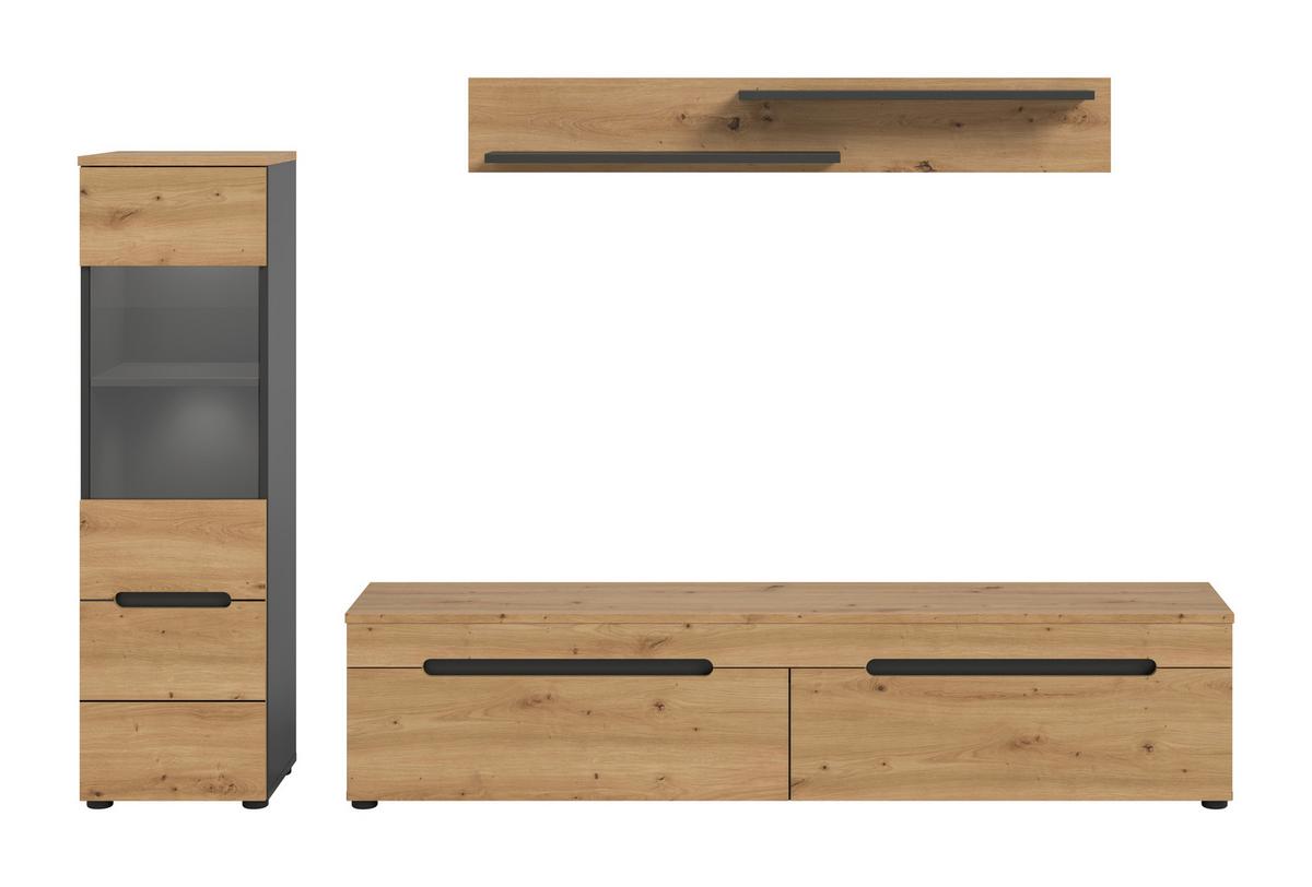 Wohnwand Canu Eiche Artisan Dekor B: 221cm - Schwarz/Eiche Artisan, Design, Holzwerkstoff (221/141/33cm) - Livetastic