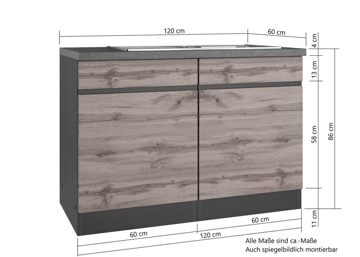 Spülenschrank Mit Spüle Turin B: 120cm Grau/Wotaneiche Dekor - Eiche Wotan/Grau, Design, Holzwerkstoff (120/86/60cm) - Held