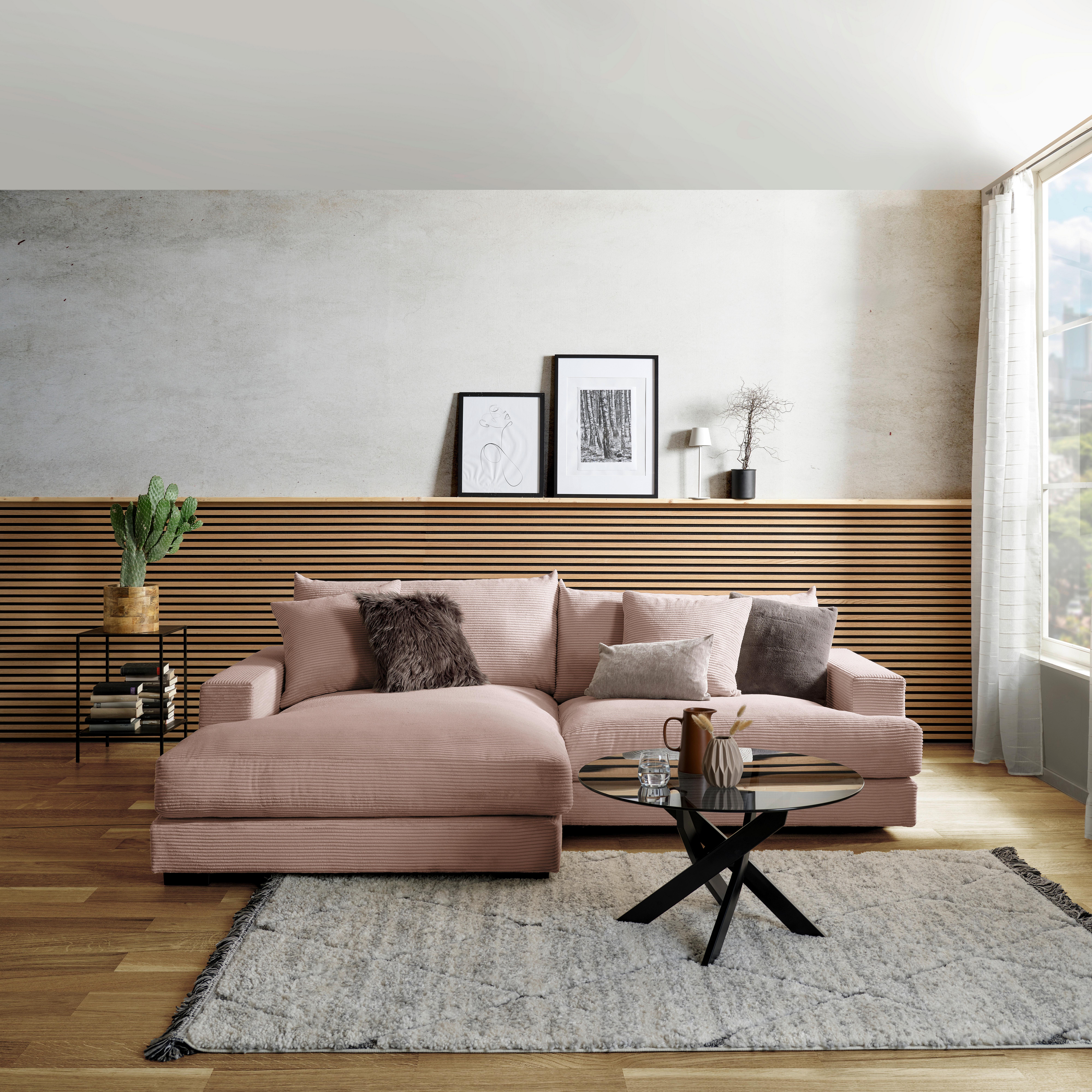 Ecksofa Pelle mit Kissen Rosa Cord 180x265 cm - Schwarz/Rosa, MODERN, Textil (180/265cm)