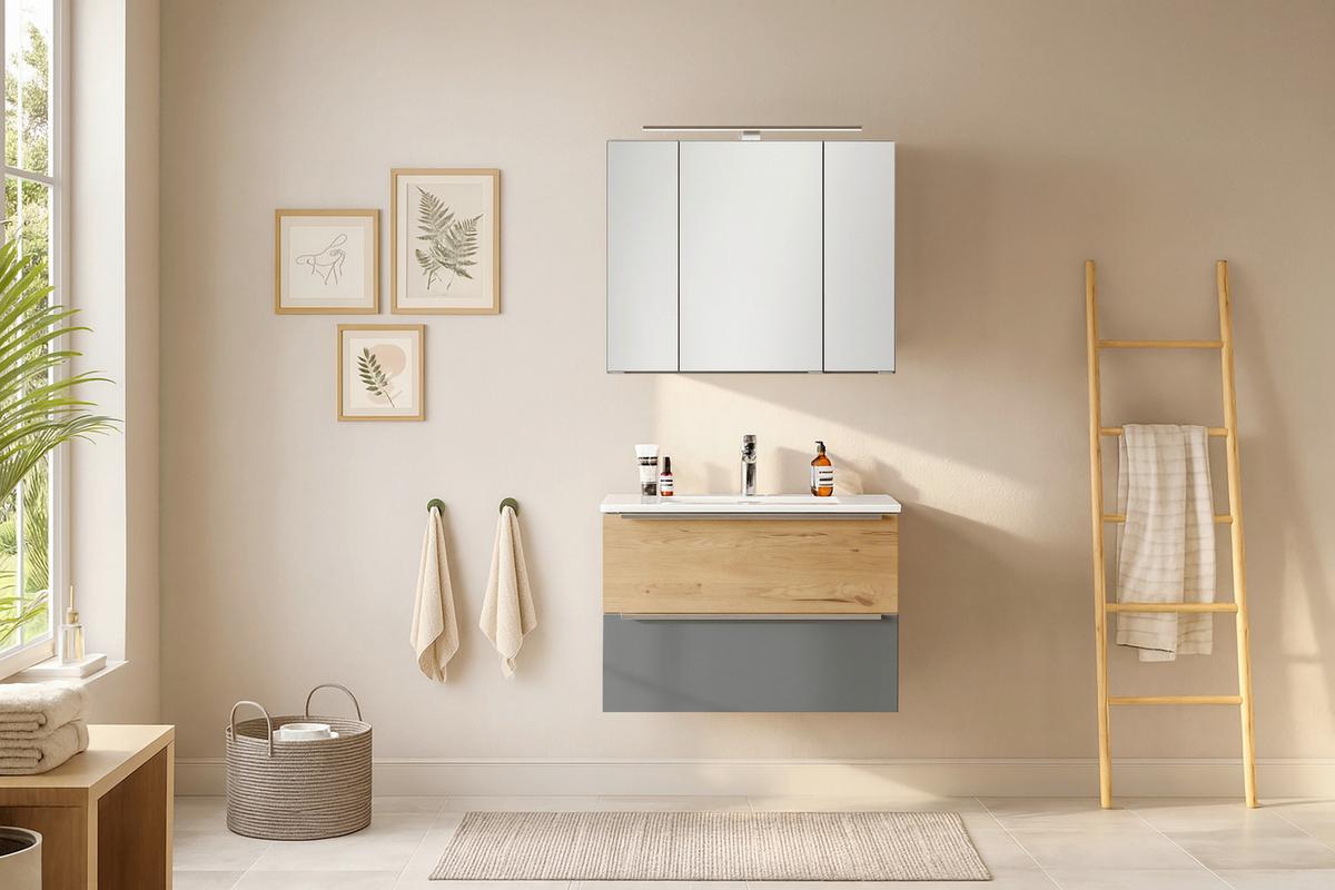 WASCHTISCHKOMBI Verona Grau/Wildeiche B: 80cm - Wildeiche/Weiß, Trend, Holzwerkstoff/Stein (80/54/47cm) - Held