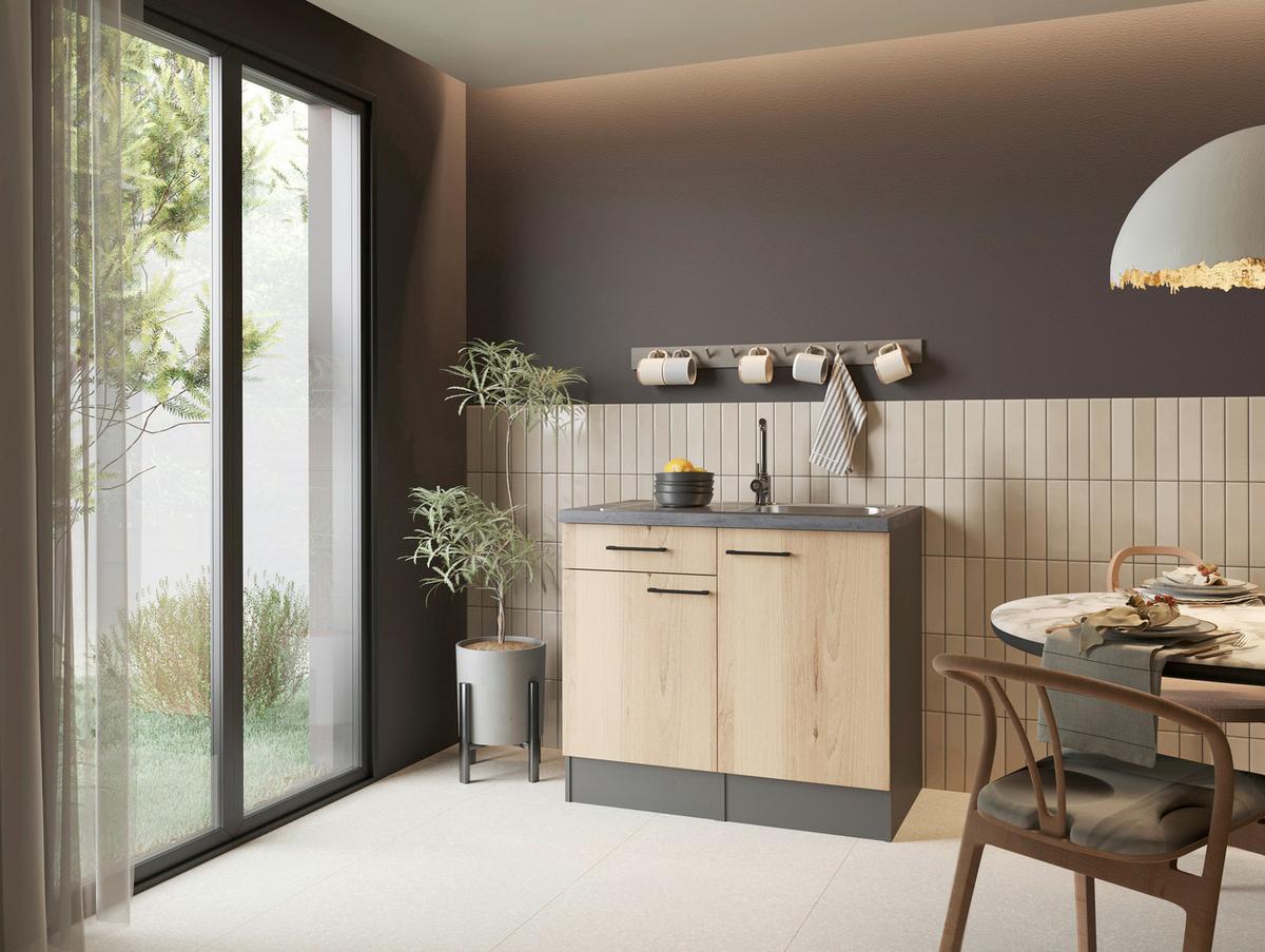 MINIKÜCHE Oliver, Grau B: 100 cm - Eiche Artisan/Grau, Trend, Holzwerkstoff (100cm) - Respekta