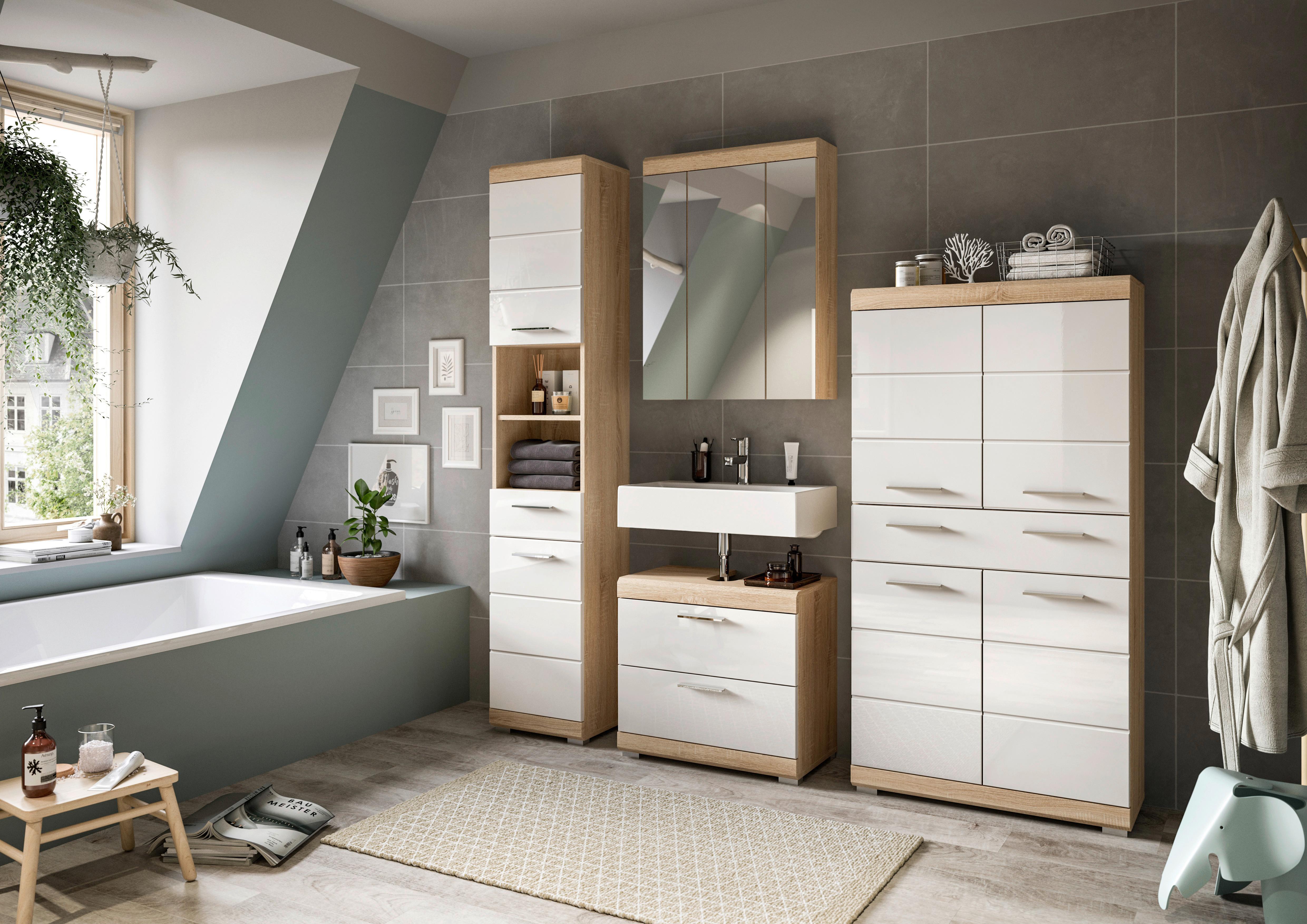 Midischrank Lambada Weiß Hg Sonoma Eiche Dekor - Weiß Hochglanz/Sonoma Eiche, MODERN, Holzwerkstoff (74/141/31cm) - MID.YOU