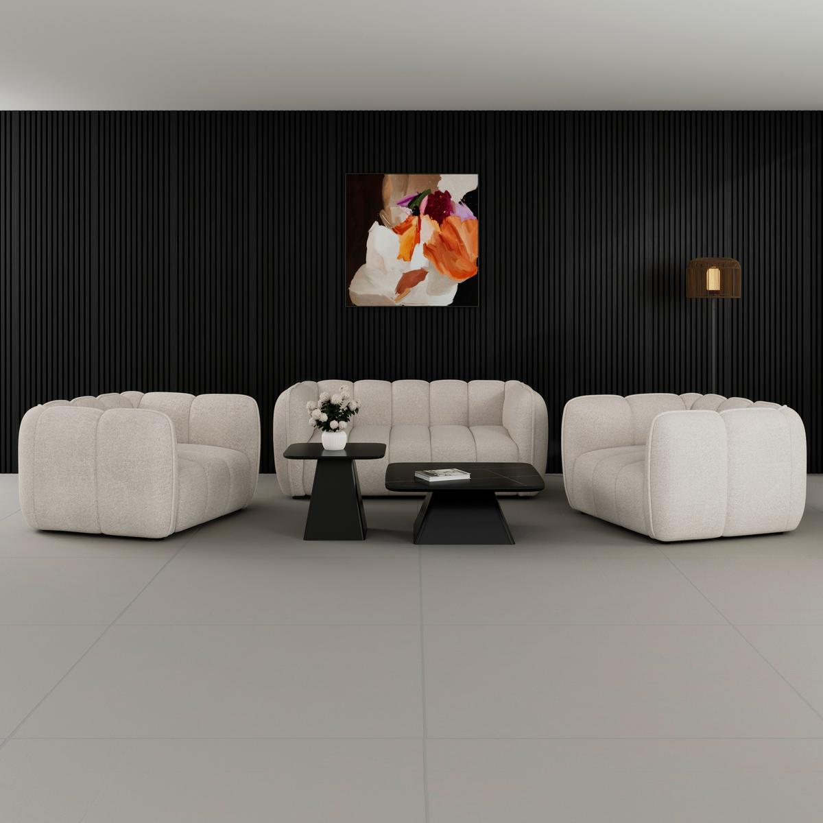 Sedacia zostava SANDRA, 3-dielna, krémová ženilka - čierna/krémová, Modern, drevo/textil - Bessagi Home