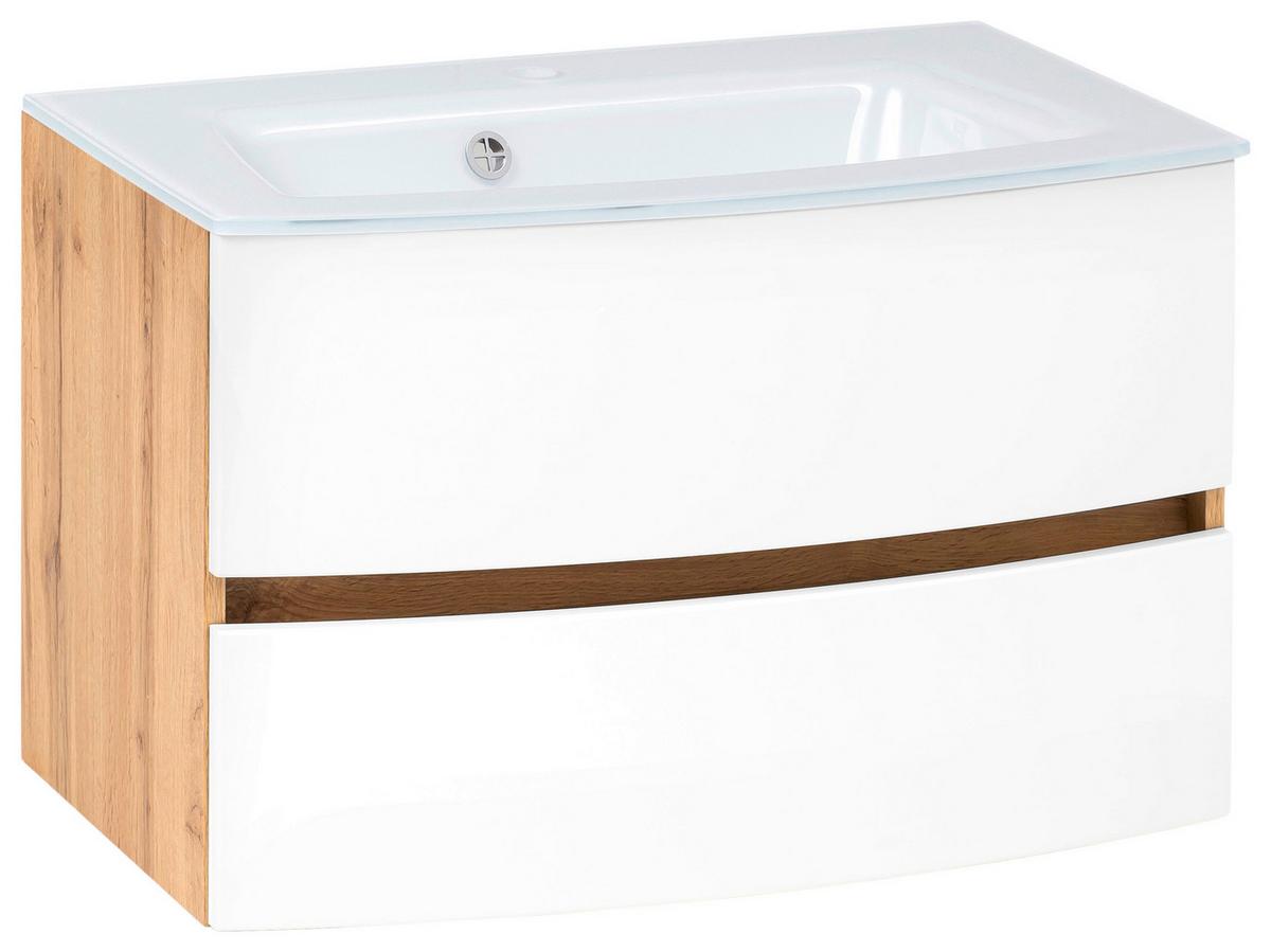Waschbecken mit Unterschrank Kopenhagen B: 80cm Weiß - Eichefarben/Weiß, KONVENTIONELL, Glas/Holzwerkstoff (80cm) - Held