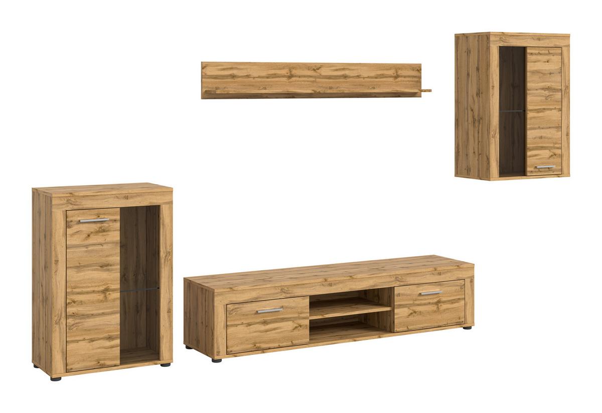 Wohnwand Jam Eiche Wotan Dekor B: 310cm - Eiche Wotan/Schwarz, Design, Glas/Holzwerkstoff (310/169/35cm) - MID.YOU