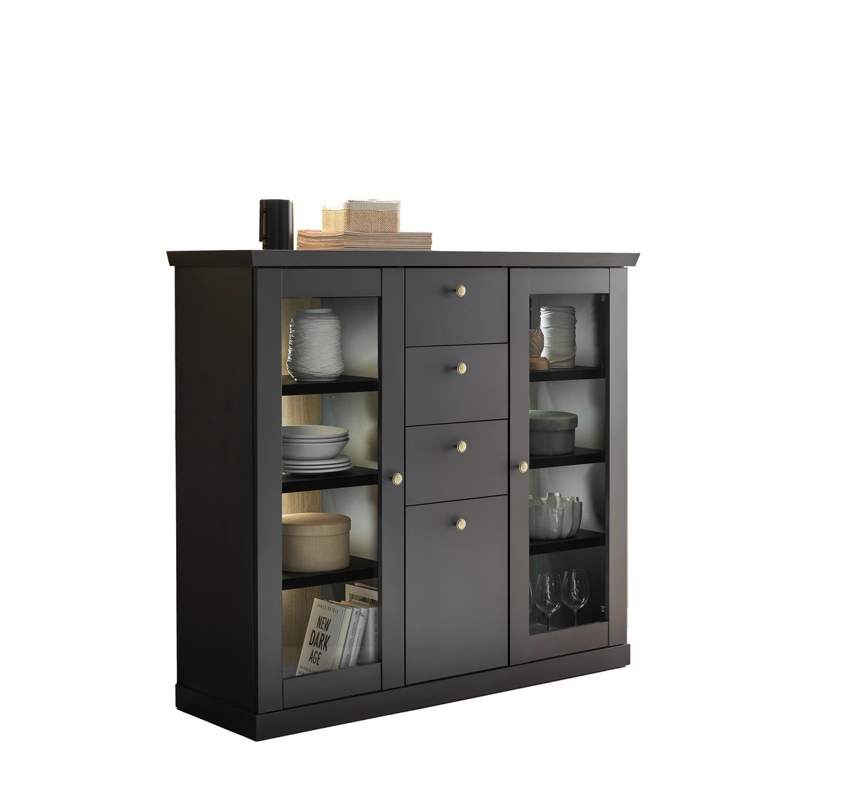 Highboard Lincoln Schwarz/Eichefarben B: 129cm - Eichefarben/Schwarz, Design, Holzwerkstoff (129/118/42cm) - MID.YOU