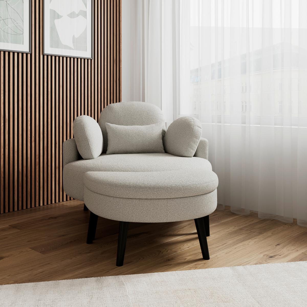 Kreslo s taburetkou BIANCA, sivá ženilka, max. 150 kg - sivá/prírodná farba, Modern, drevo/textil (109/83/148cm) - Bessagi Home