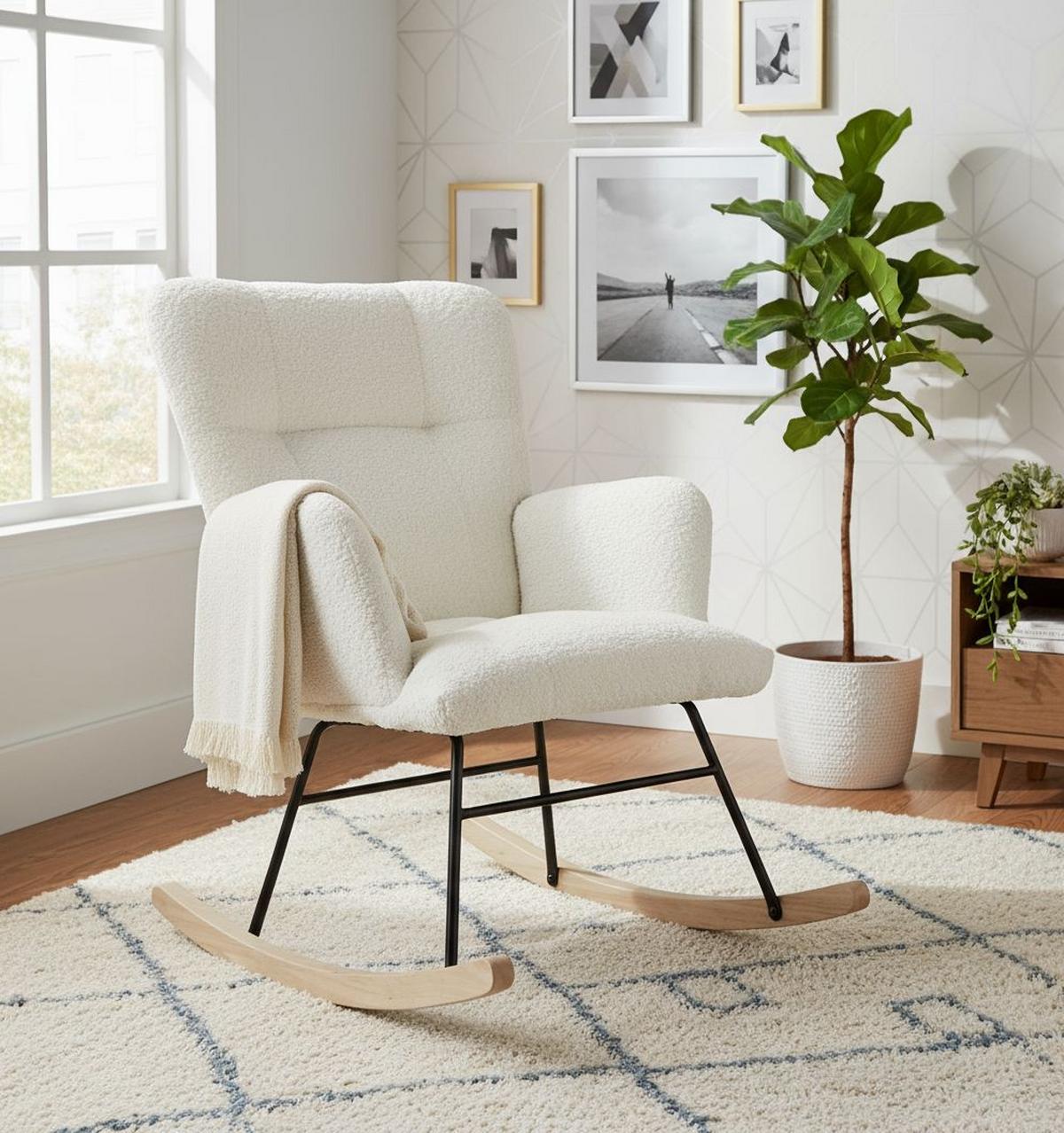 Schaukelstuhl Viktor Weiß B: 62 Cm - Naturfarben/Weiß, Basics, Holz/Textil (62/90/52cm) - P & B