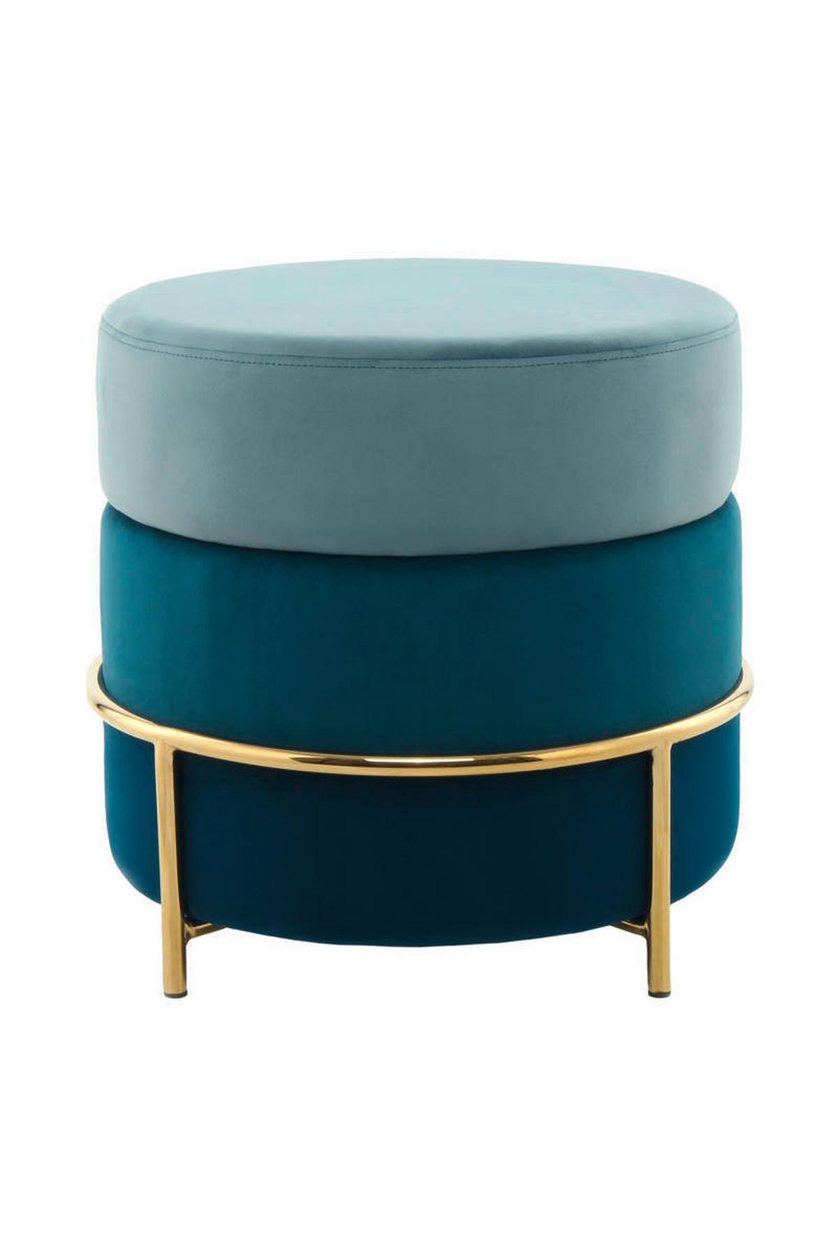 Hocker Pouf Samt Blau H: 46 cm Rund - Blau/Goldfarben, Basics, Holzwerkstoff/Textil (48,5/46/48,5cm) - Kayoom