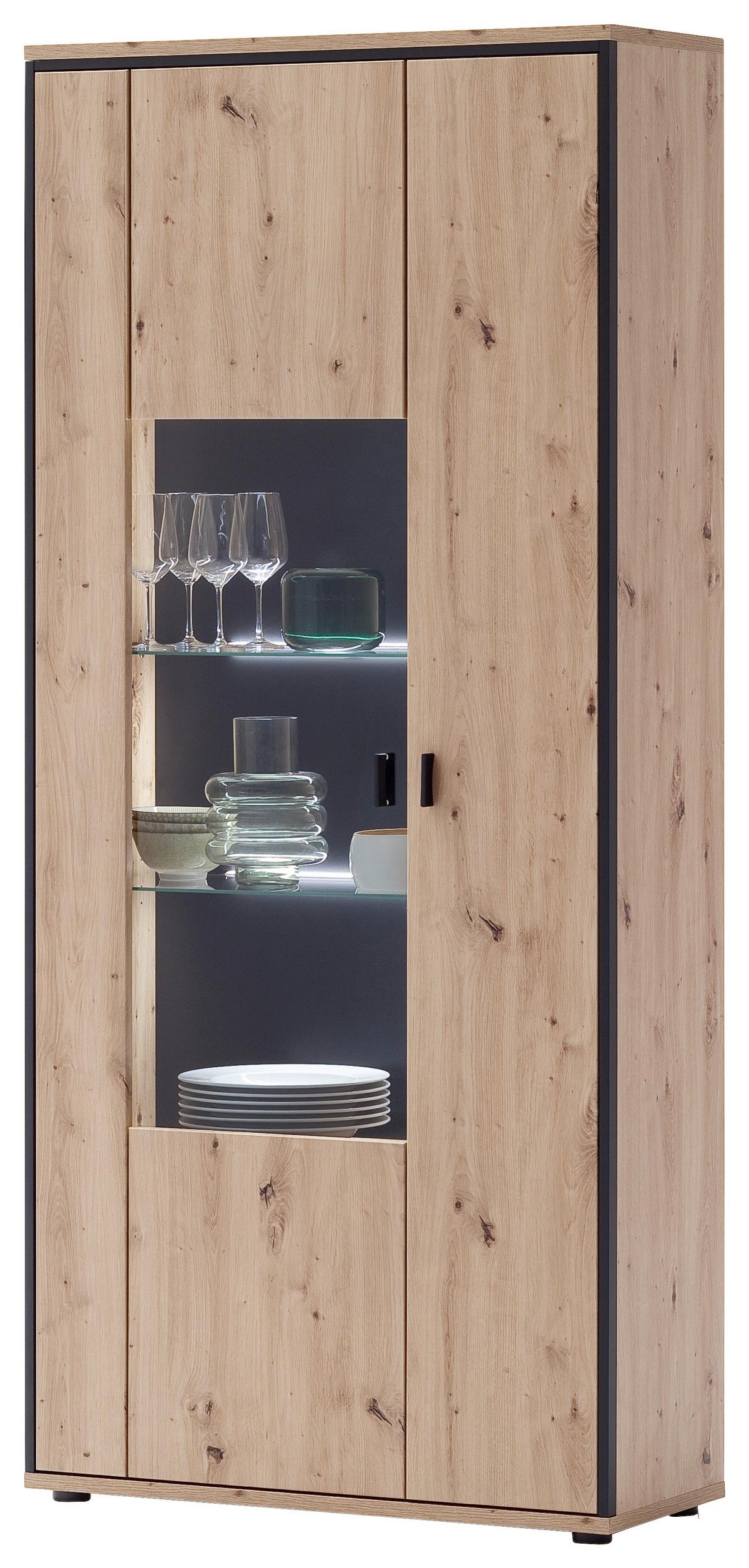 Vitrine Buenos Aires B: 93 cm Anthrazit/Eichefarben - Klar/Eichefarben, Design, Glas/Holzwerkstoff (93/210/38cm) - MID.YOU