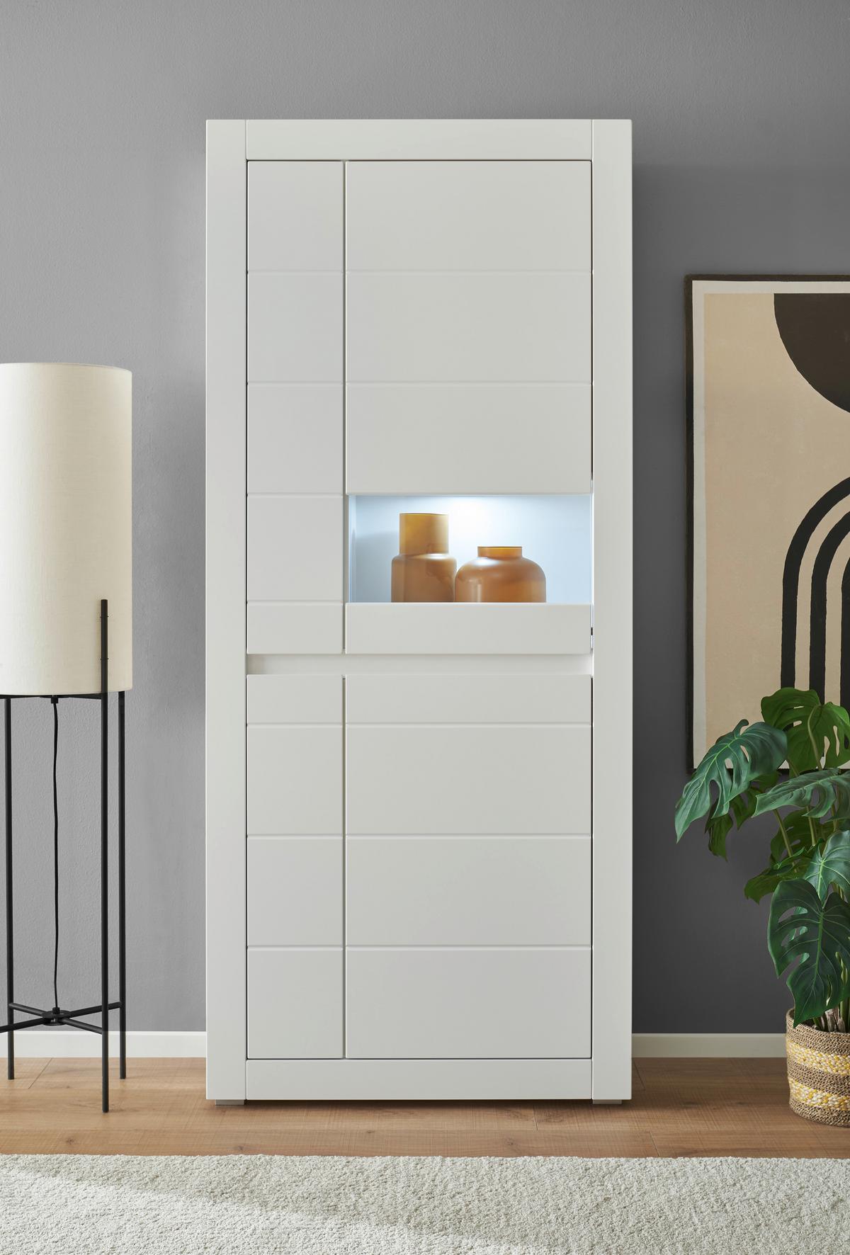 Vitrine Chester Weiß/Eichefarben B: 85cm - Eichefarben/Silberfarben, Design, Holzwerkstoff (85/198/35cm) - MID.YOU