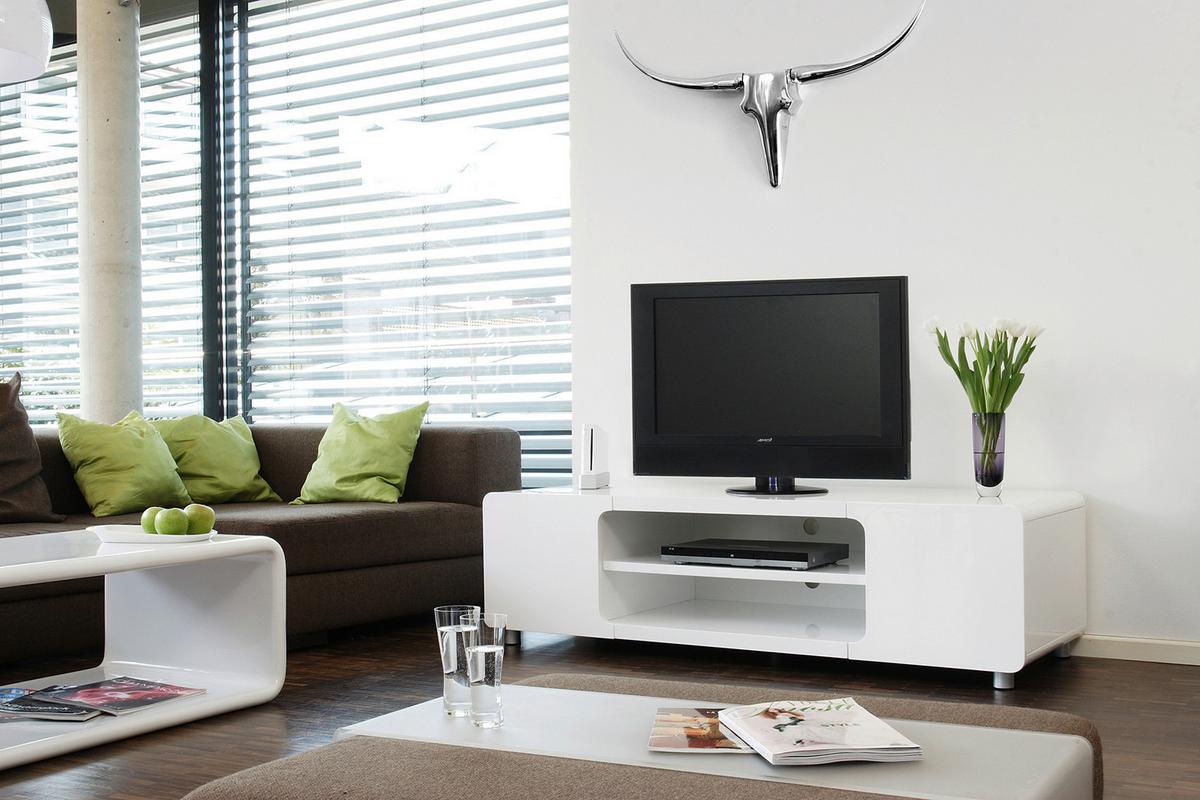 Lowboard Weiß Hochglanz B: 160cm - Weiß Hochglanz/Silberfarben, Design, Holzwerkstoff (160/45/58cm) - Livetastic