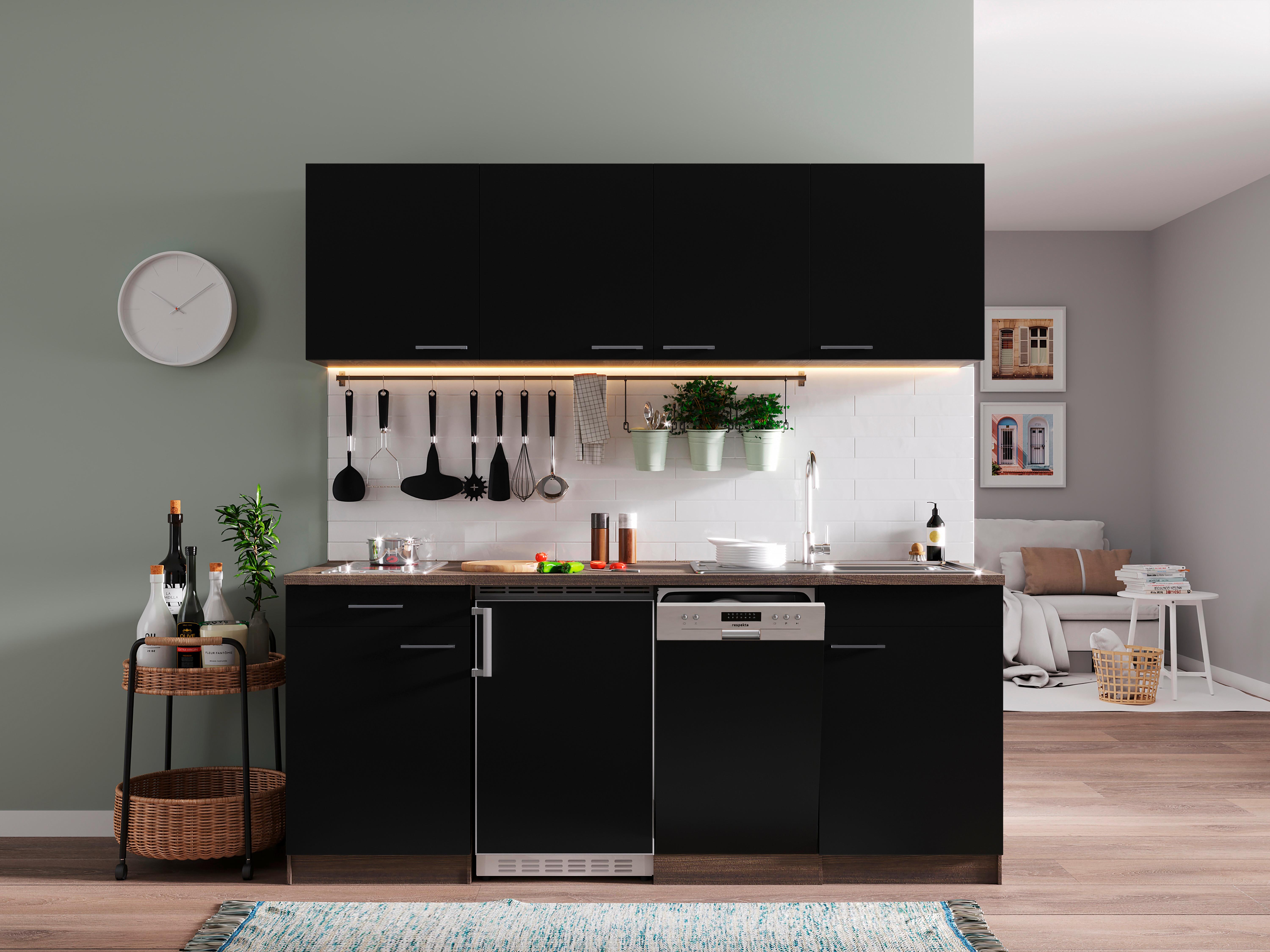 Küchenzeile Economy mit Geräten 195 cm Schwarz/Eiche Dekor - Eichefarben/Schwarz, Basics, Holzwerkstoff (195cm) - Respekta