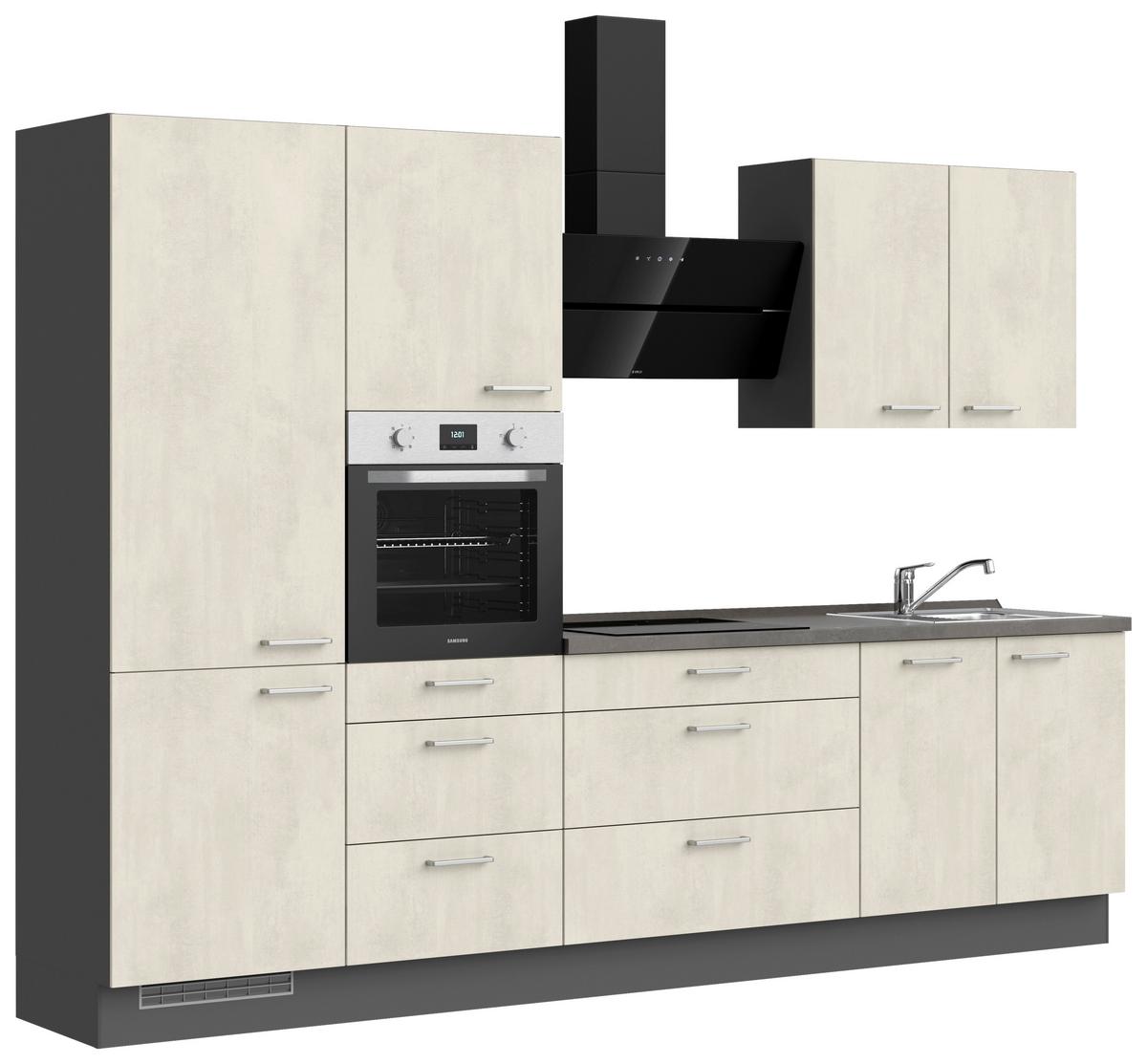 Kuchynská linka 300 cm, biely betón/ bridlicová šedá - biela/farba ušľachtilej ocele, Modern, kov/kompozitné drevo (300cm) - Nobilia