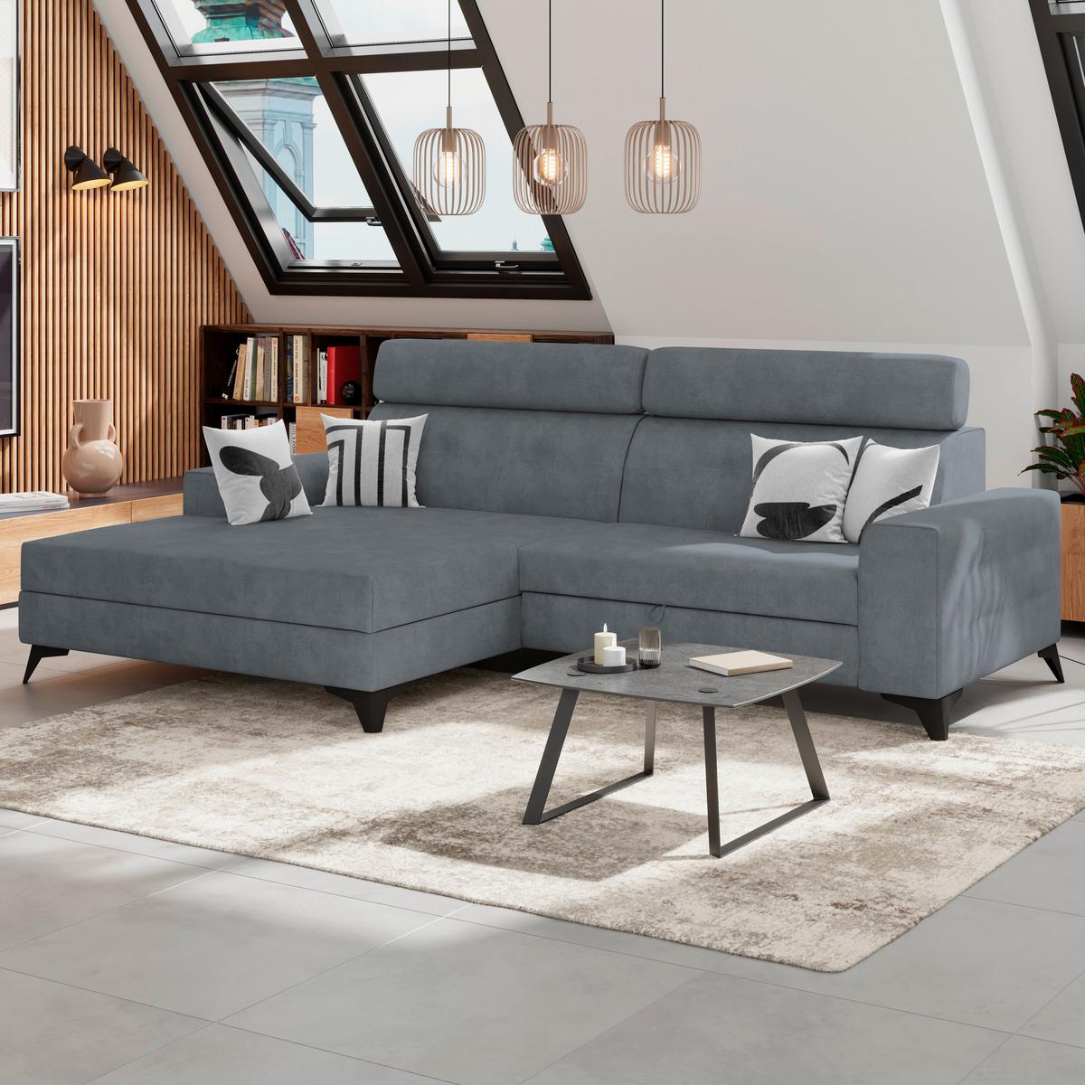 Ecksofa mit Schlaffunktion Florida Hellgrau Samt - Hellgrau, MODERN, Holz/Holzwerkstoff (175/275cm)