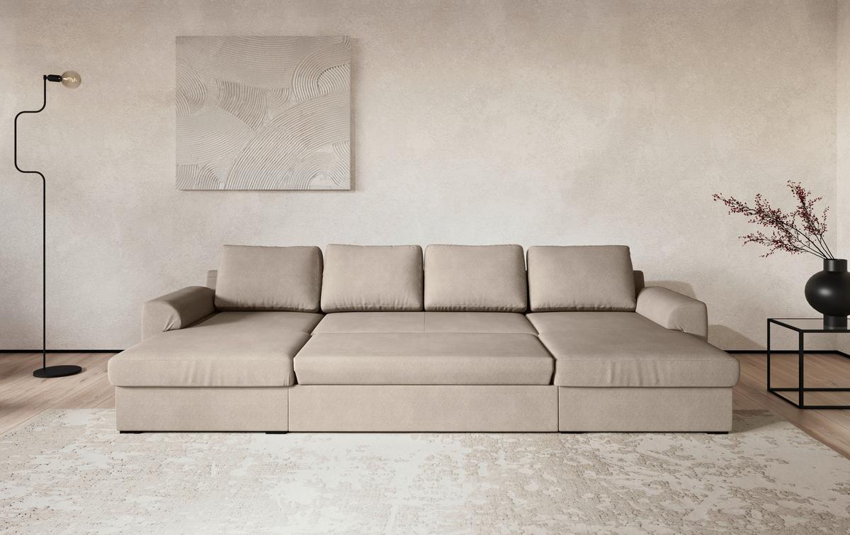 Wohnlandschaft m. Bettfunktion Mikrofaser natur, B: 327cm - Schwarz/Naturfarben, Trend, Textil (154/327/86cm) - MID.YOU